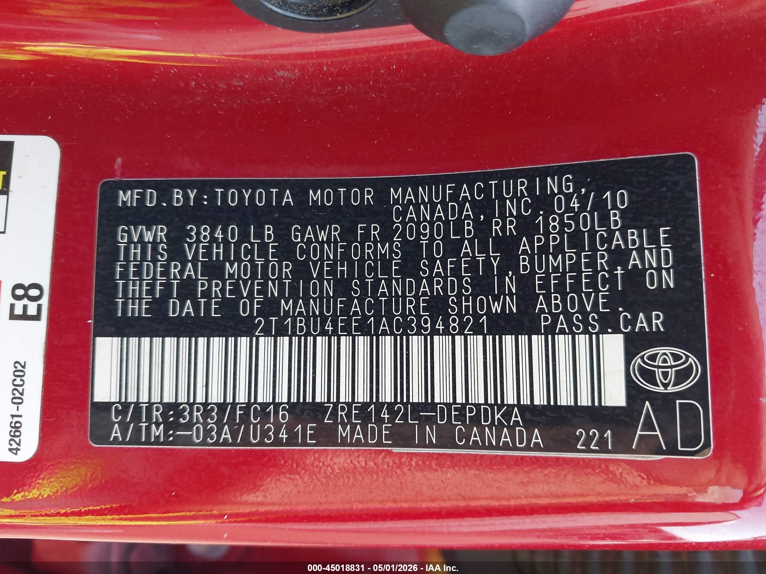 2010 Toyota Corolla Le Red vin: 2T1BU4EE1AC394821