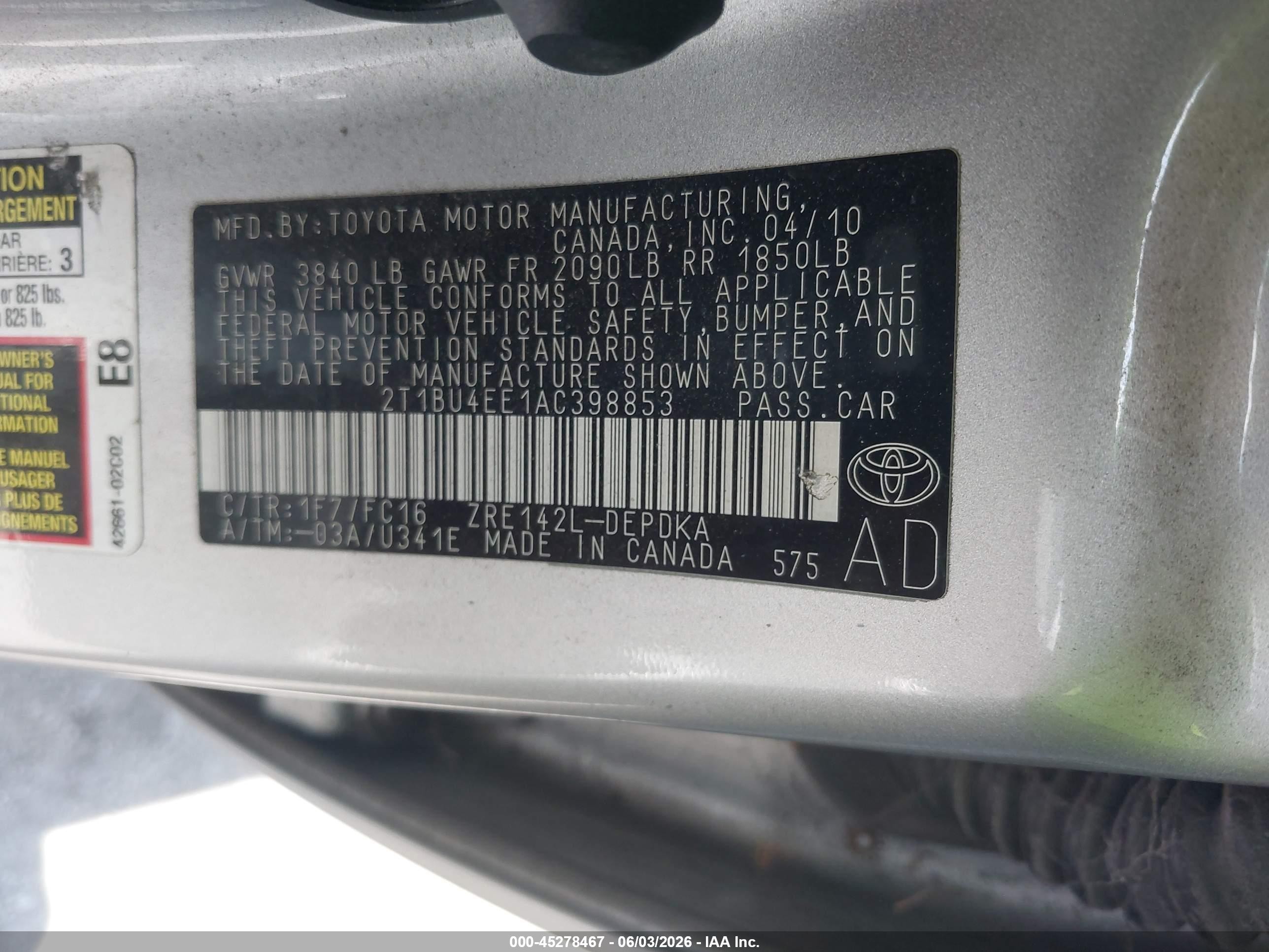 2010 Toyota Corolla Le Серебряный vin: 2T1BU4EE1AC398853