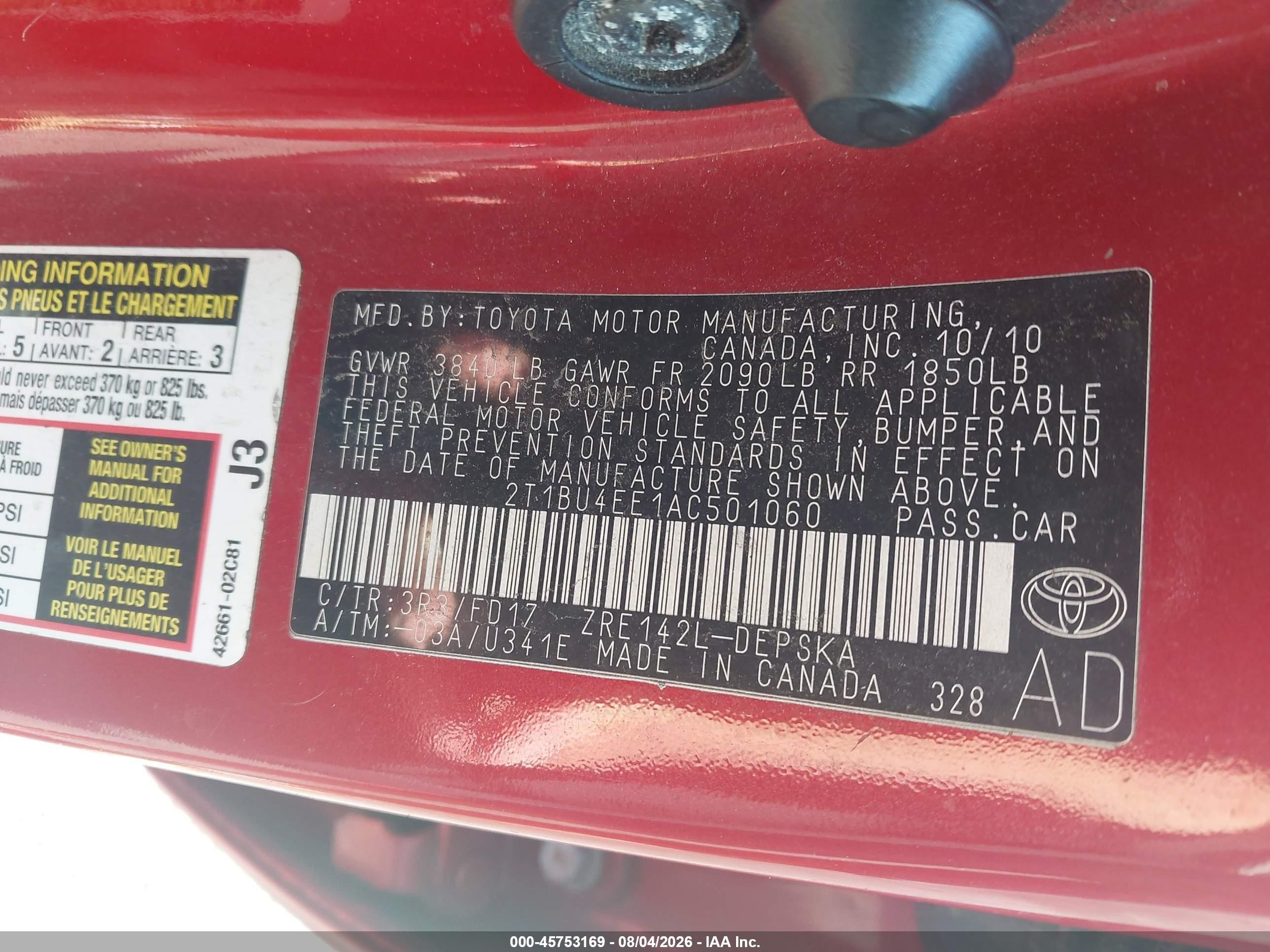 2010 Toyota Corolla S Red vin: 2T1BU4EE1AC501060