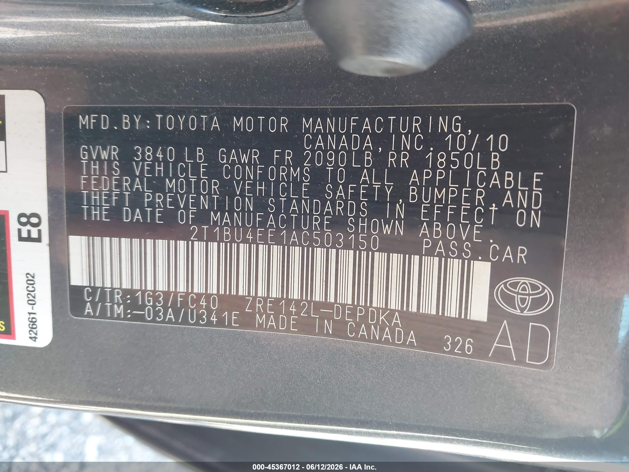 2010 Toyota Corolla Le Gray vin: 2T1BU4EE1AC503150