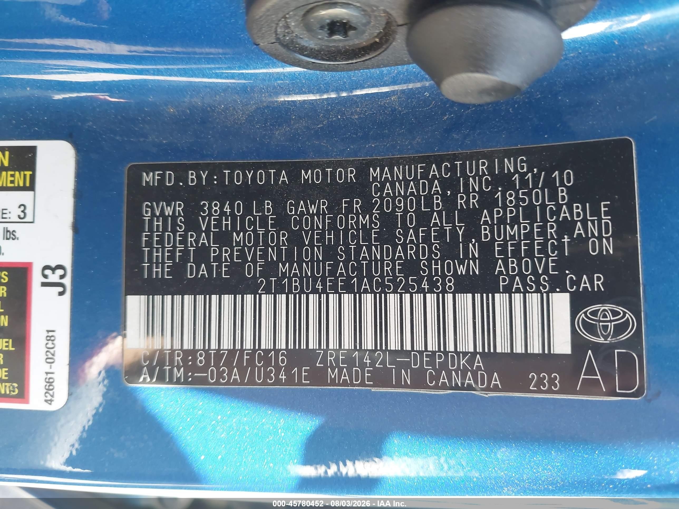 2010 Toyota Corolla Le Blue vin: 2T1BU4EE1AC525438