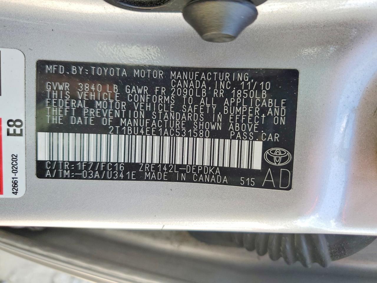 2010 Toyota Corolla Le Silver vin: 2T1BU4EE1AC531580