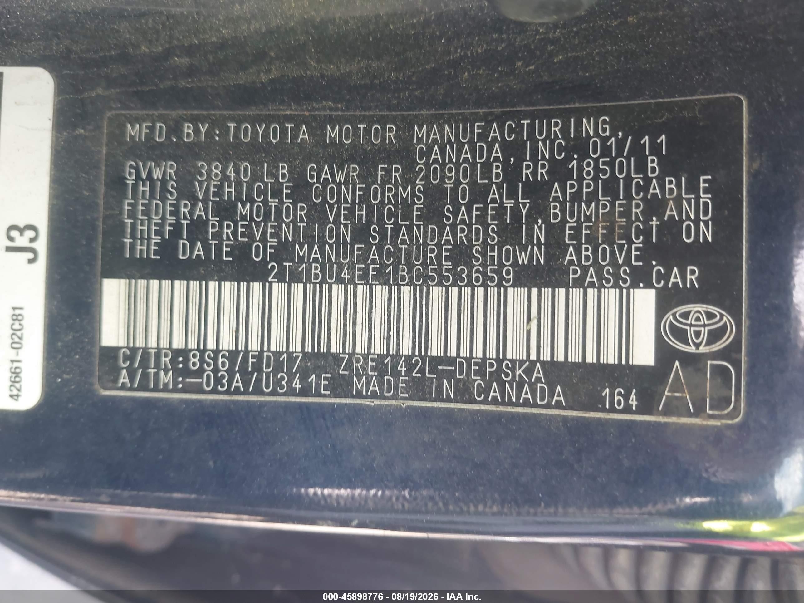 2011 Toyota Corolla S Blue vin: 2T1BU4EE1BC553659