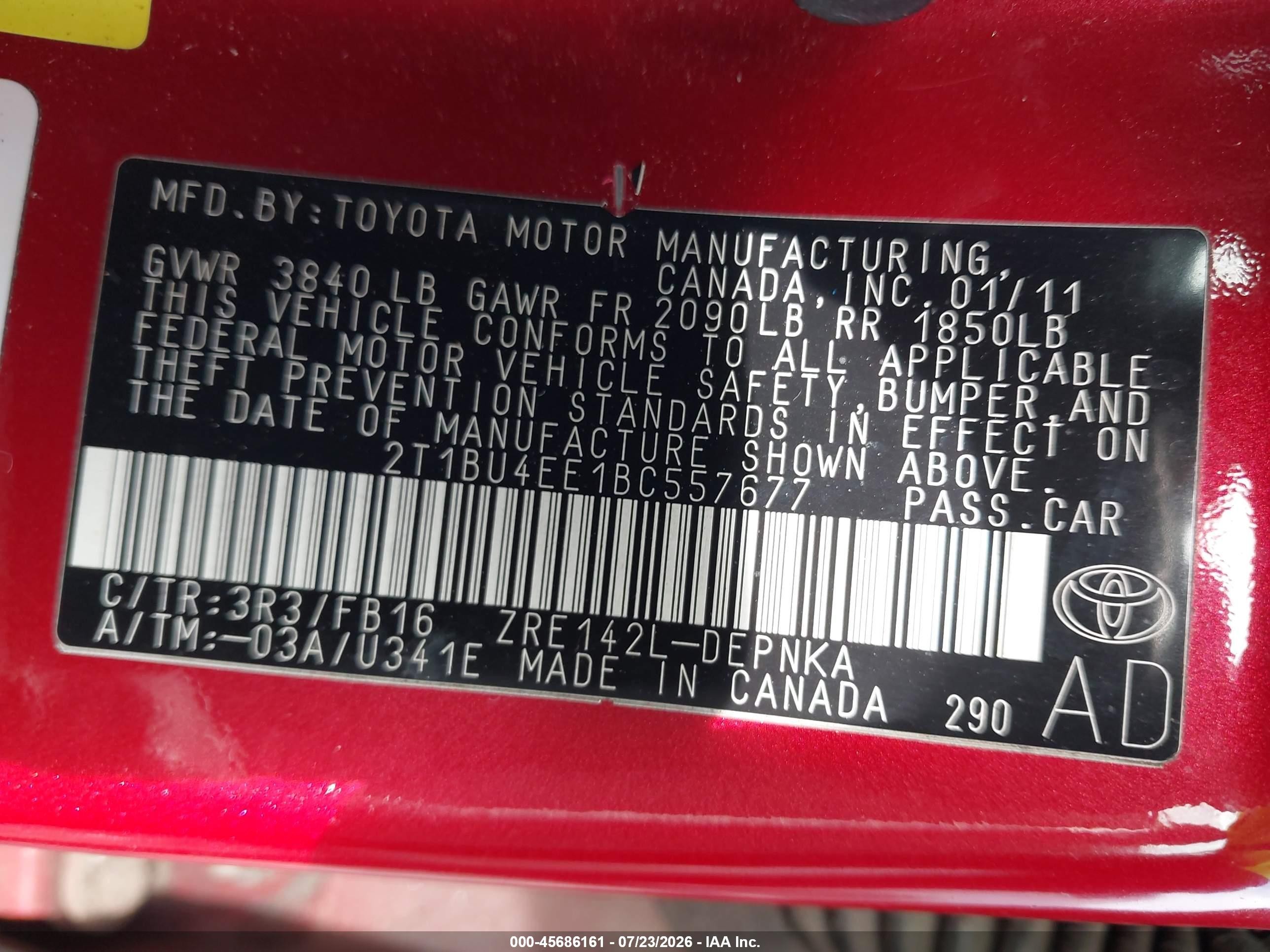 2011 Toyota Corolla Le Red vin: 2T1BU4EE1BC557677