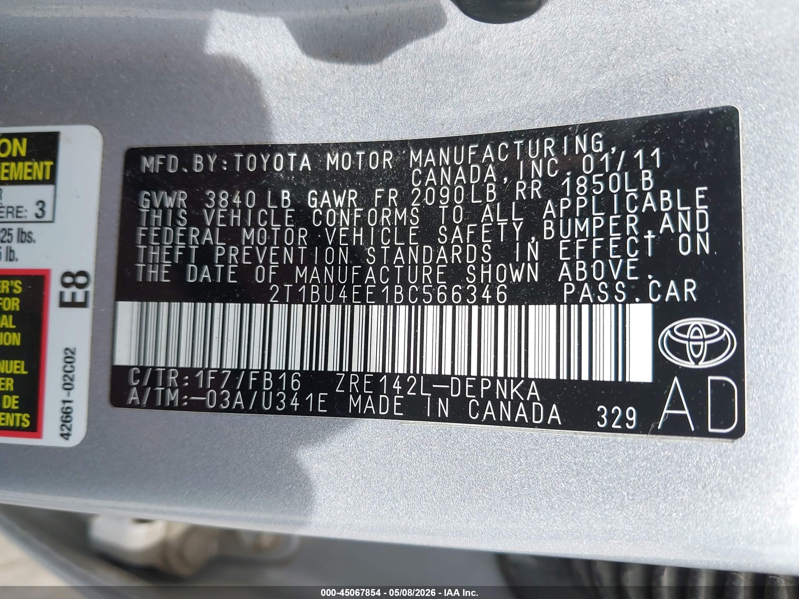 2011 Toyota Corolla Le Silver vin: 2T1BU4EE1BC566346