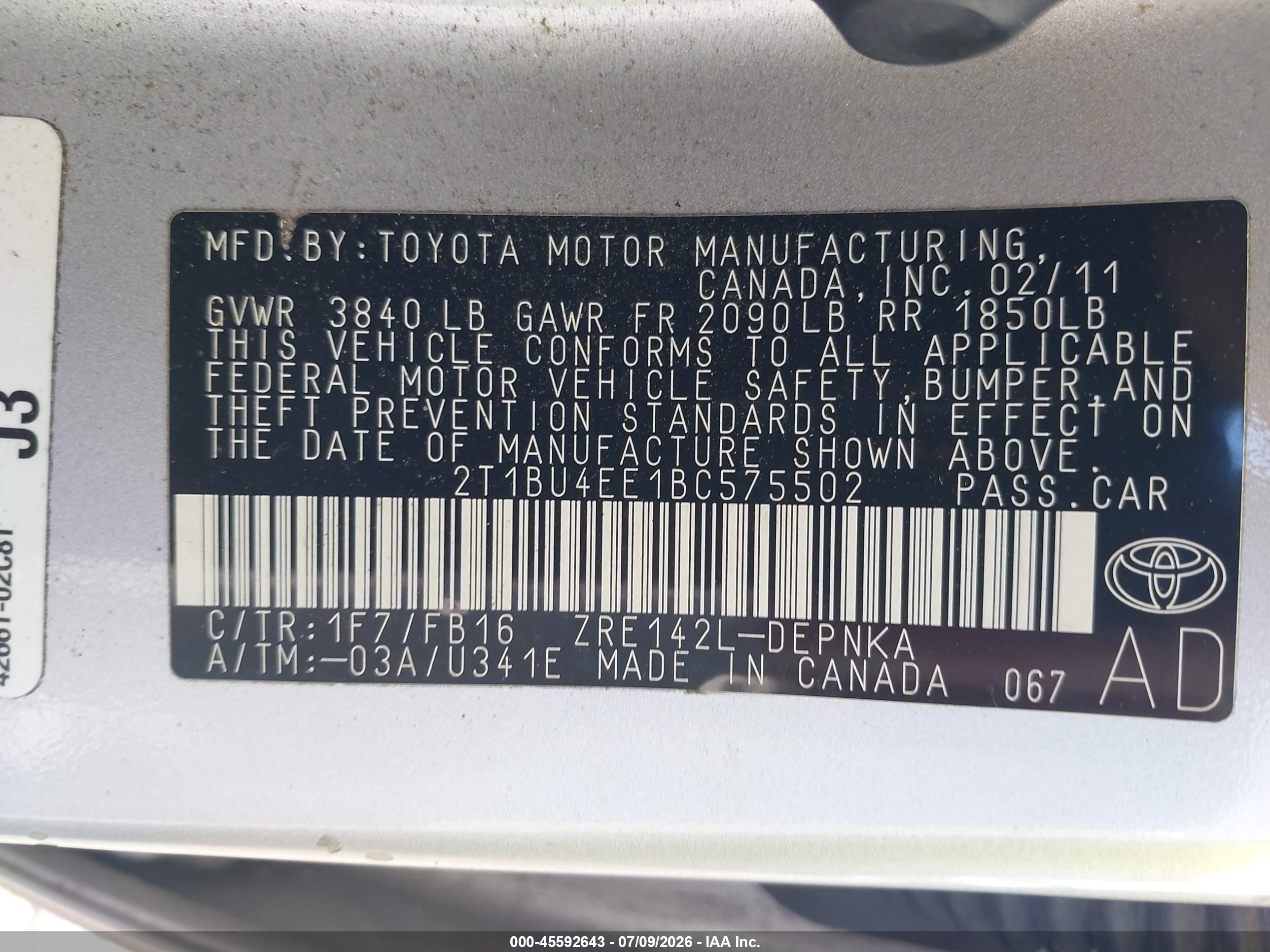 2011 Toyota Corolla Le Silver vin: 2T1BU4EE1BC575502