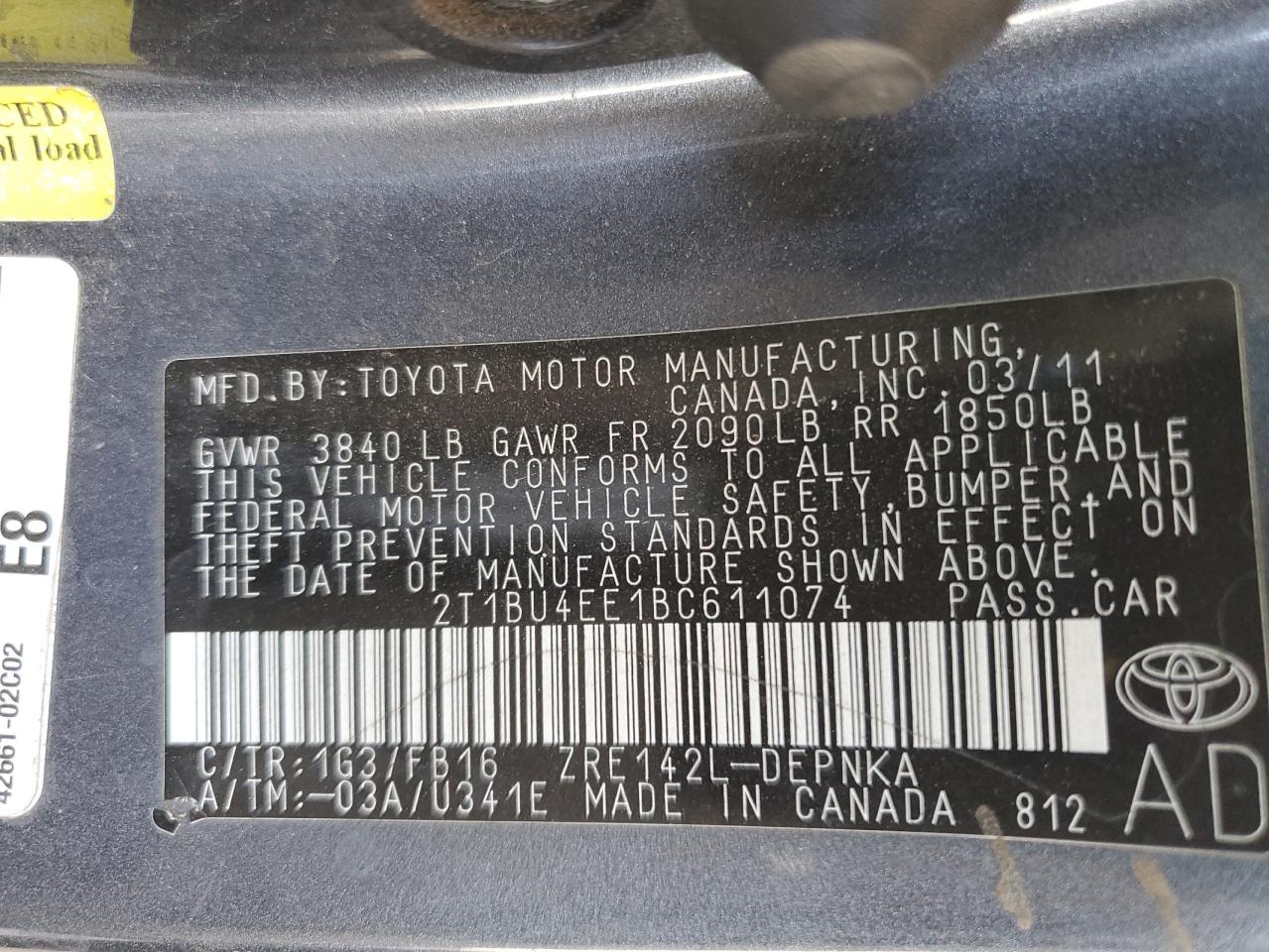 2011 Toyota Corolla Base Gray vin: 2T1BU4EE1BC611074