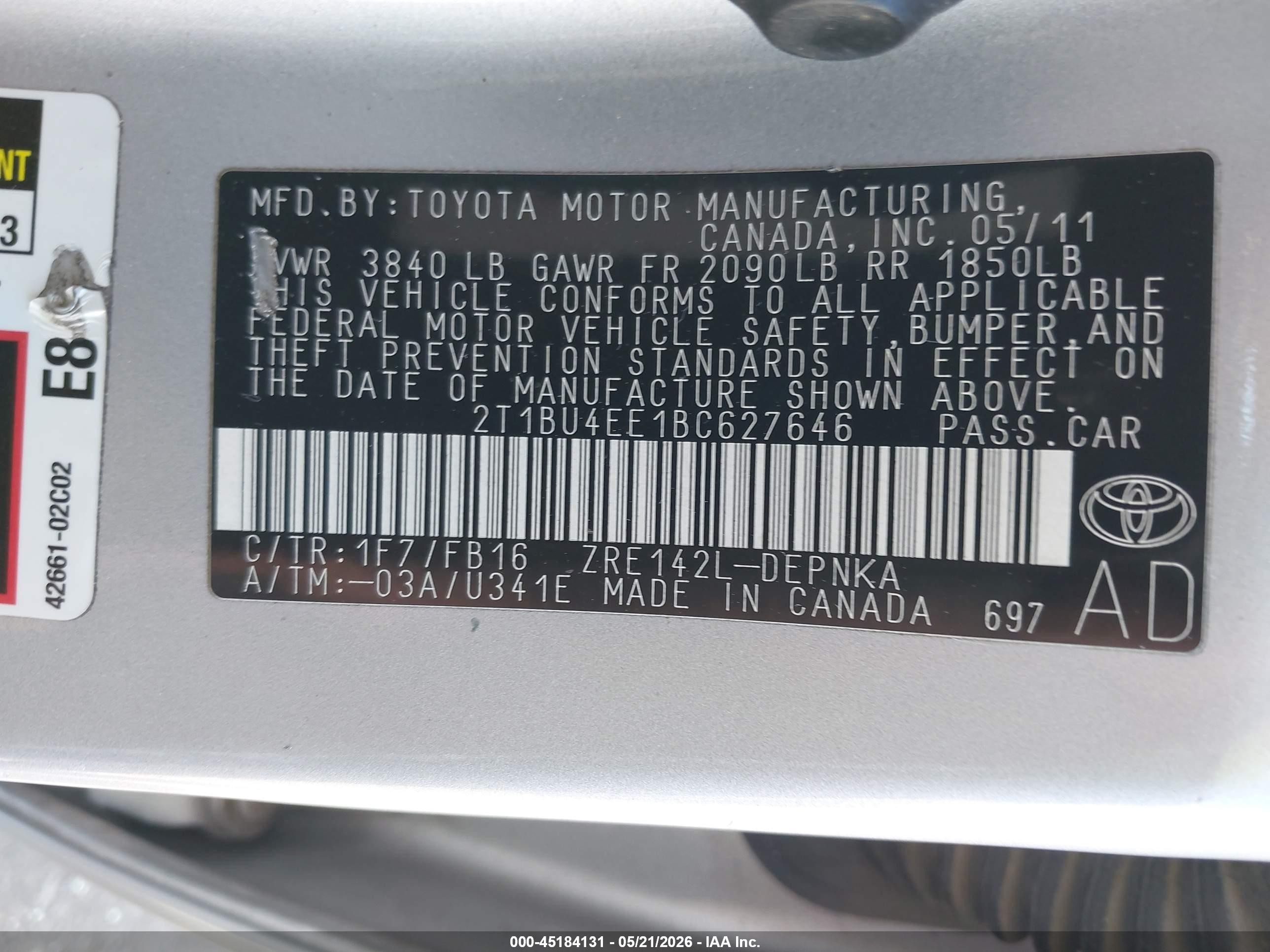 2011 Toyota Corolla Le Silver vin: 2T1BU4EE1BC627646