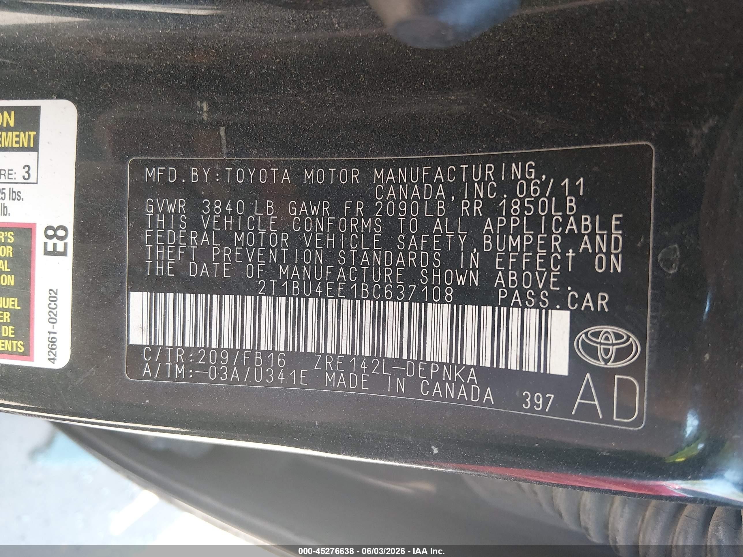 2011 Toyota Corolla Le Black vin: 2T1BU4EE1BC637108