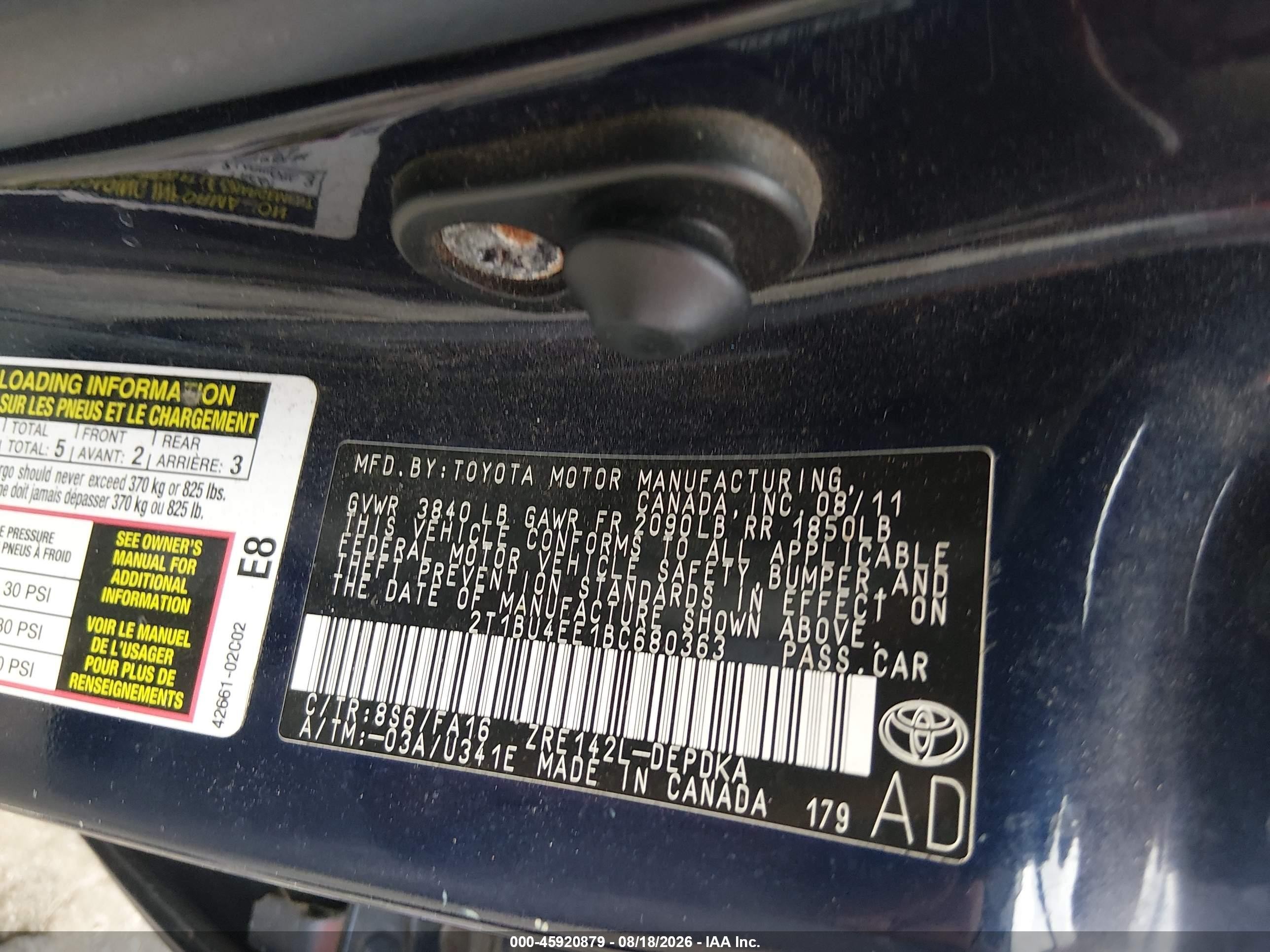 2011 Toyota Corolla   Blue vin: 2T1BU4EE1BC680363