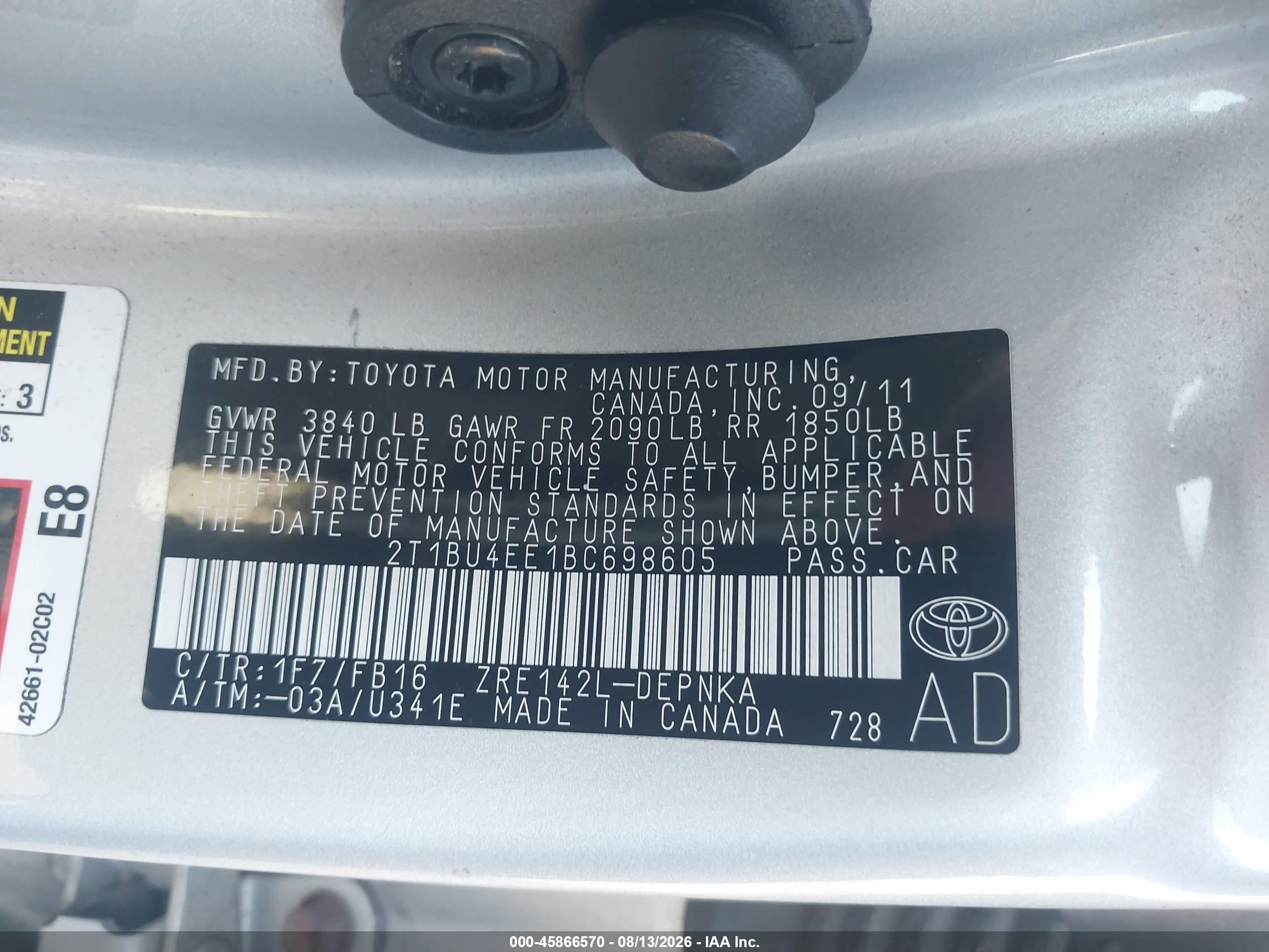 2011 Toyota Corolla Le Silver vin: 2T1BU4EE1BC698605