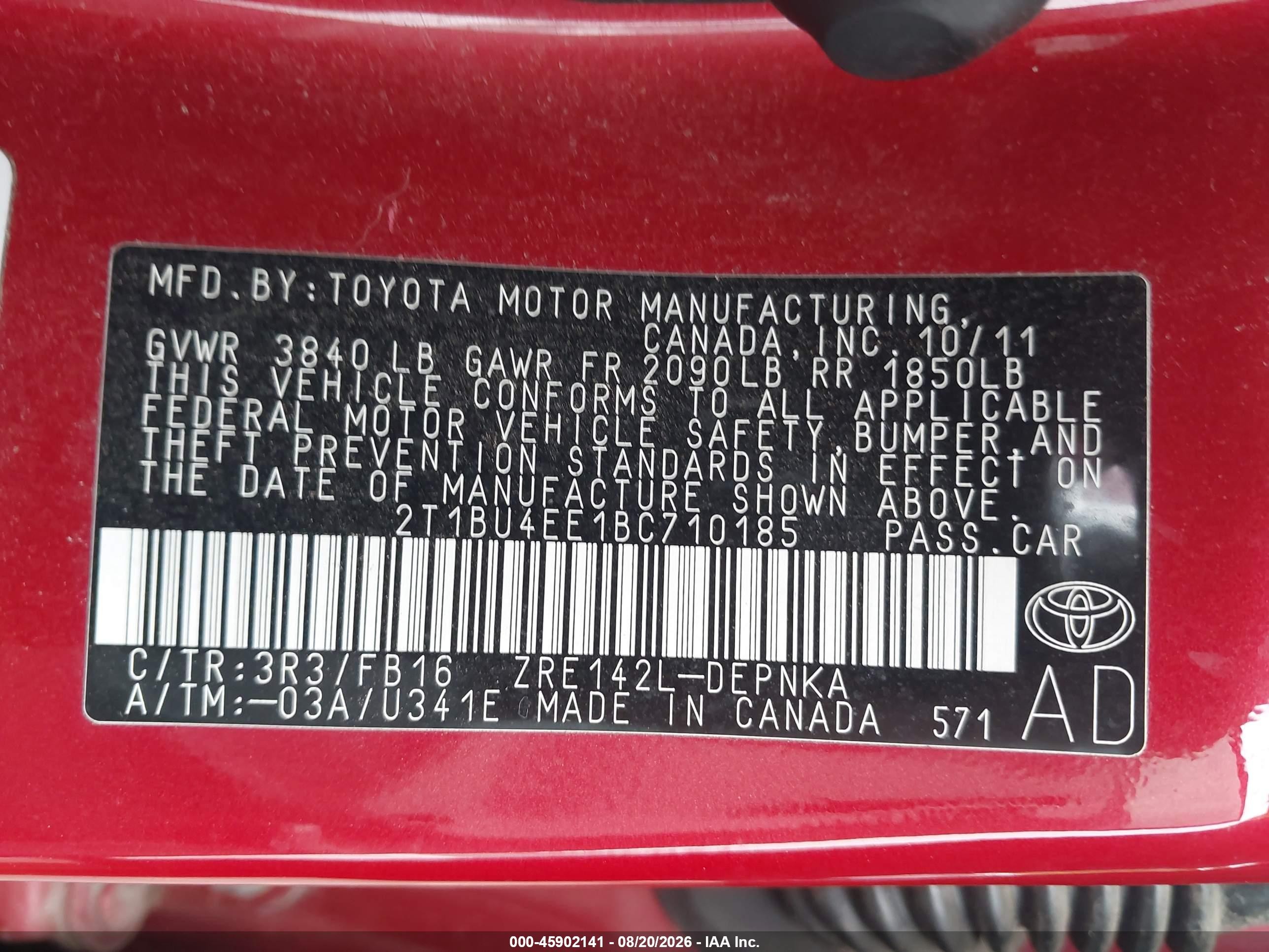 2011 Toyota Corolla Le Red vin: 2T1BU4EE1BC710185
