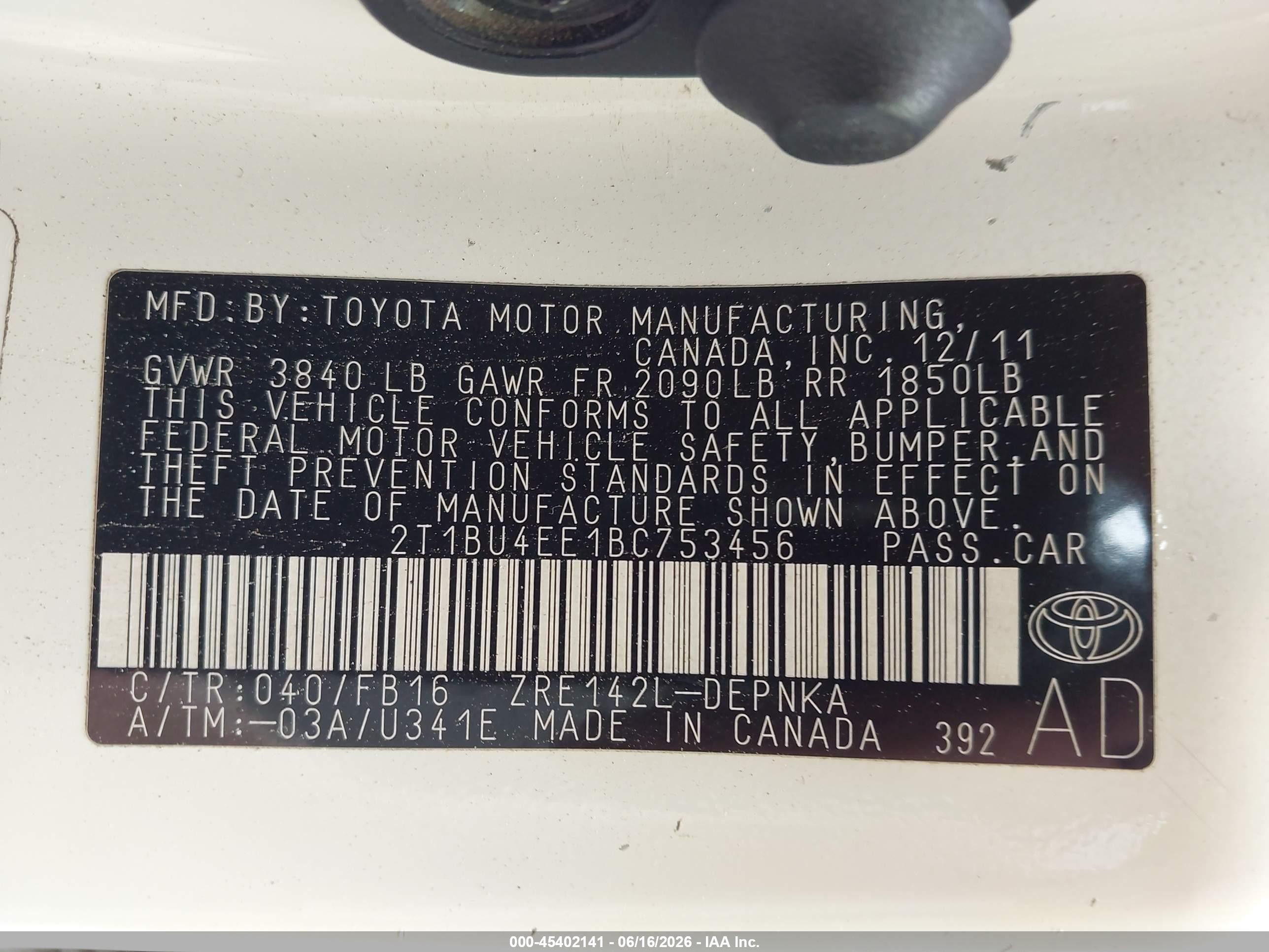 2011 Toyota Corolla Le White vin: 2T1BU4EE1BC753456