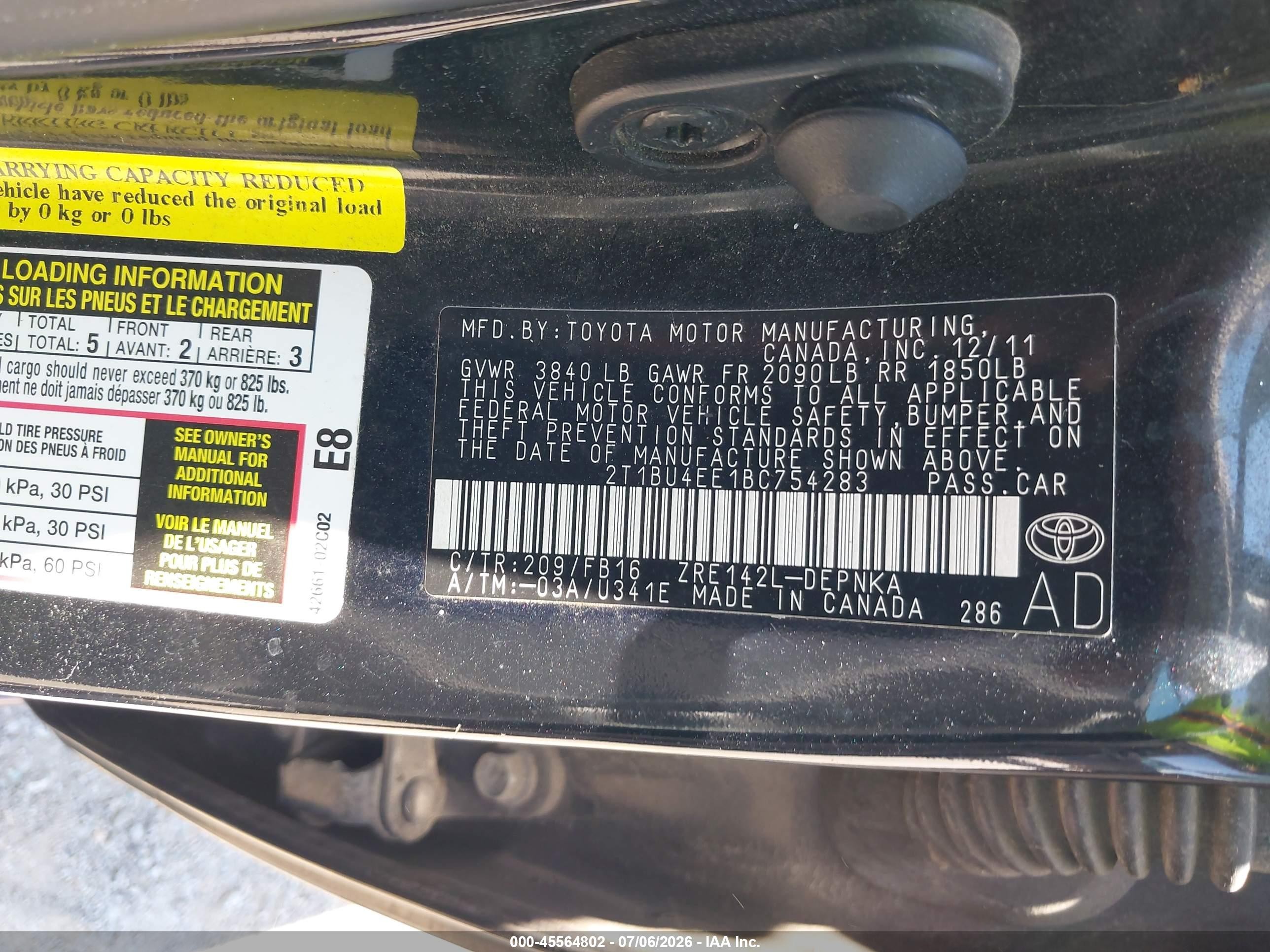 2011 Toyota Corolla Le Black vin: 2T1BU4EE1BC754283