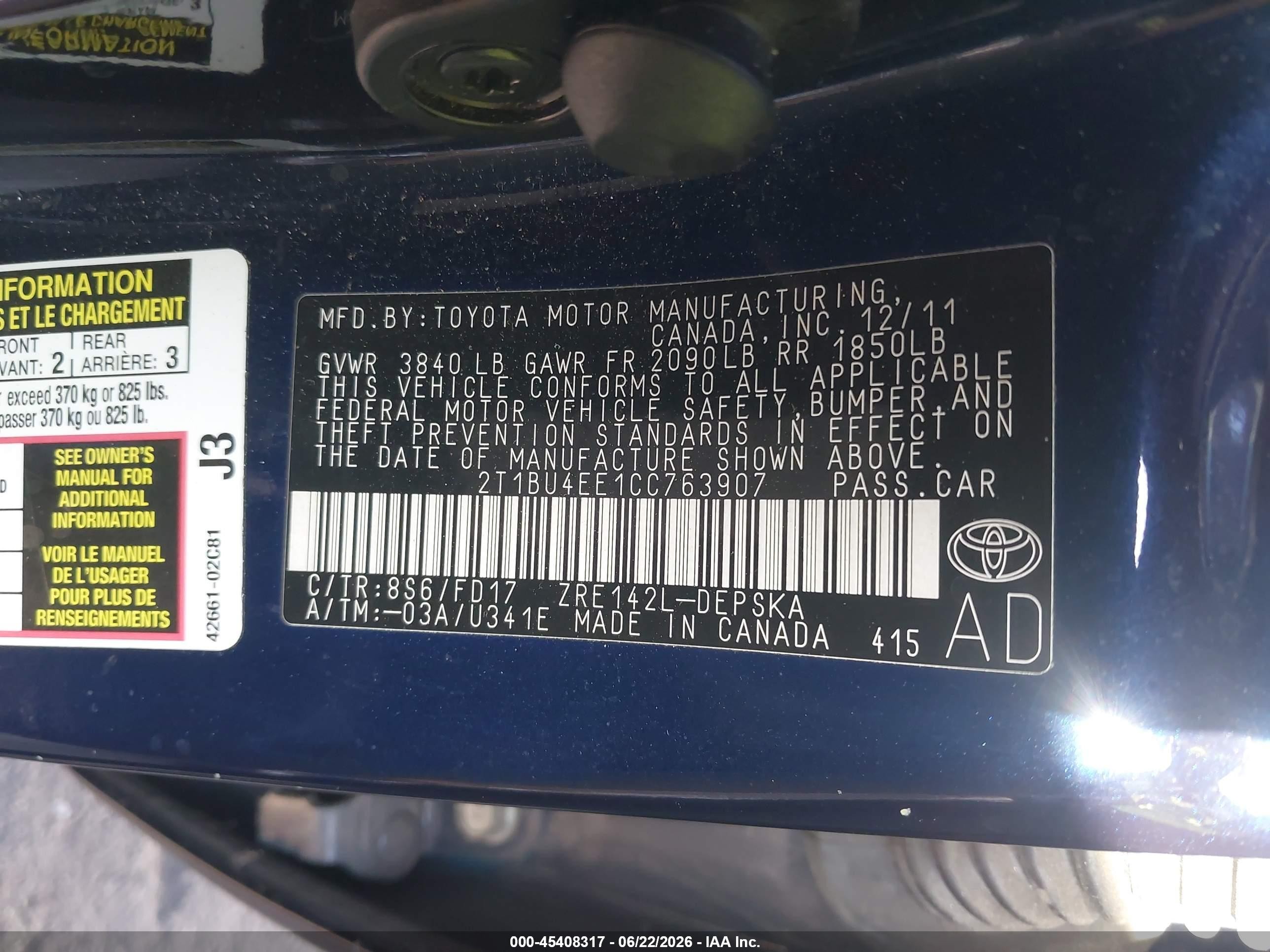 2012 Toyota Corolla S Blue vin: 2T1BU4EE1CC763907