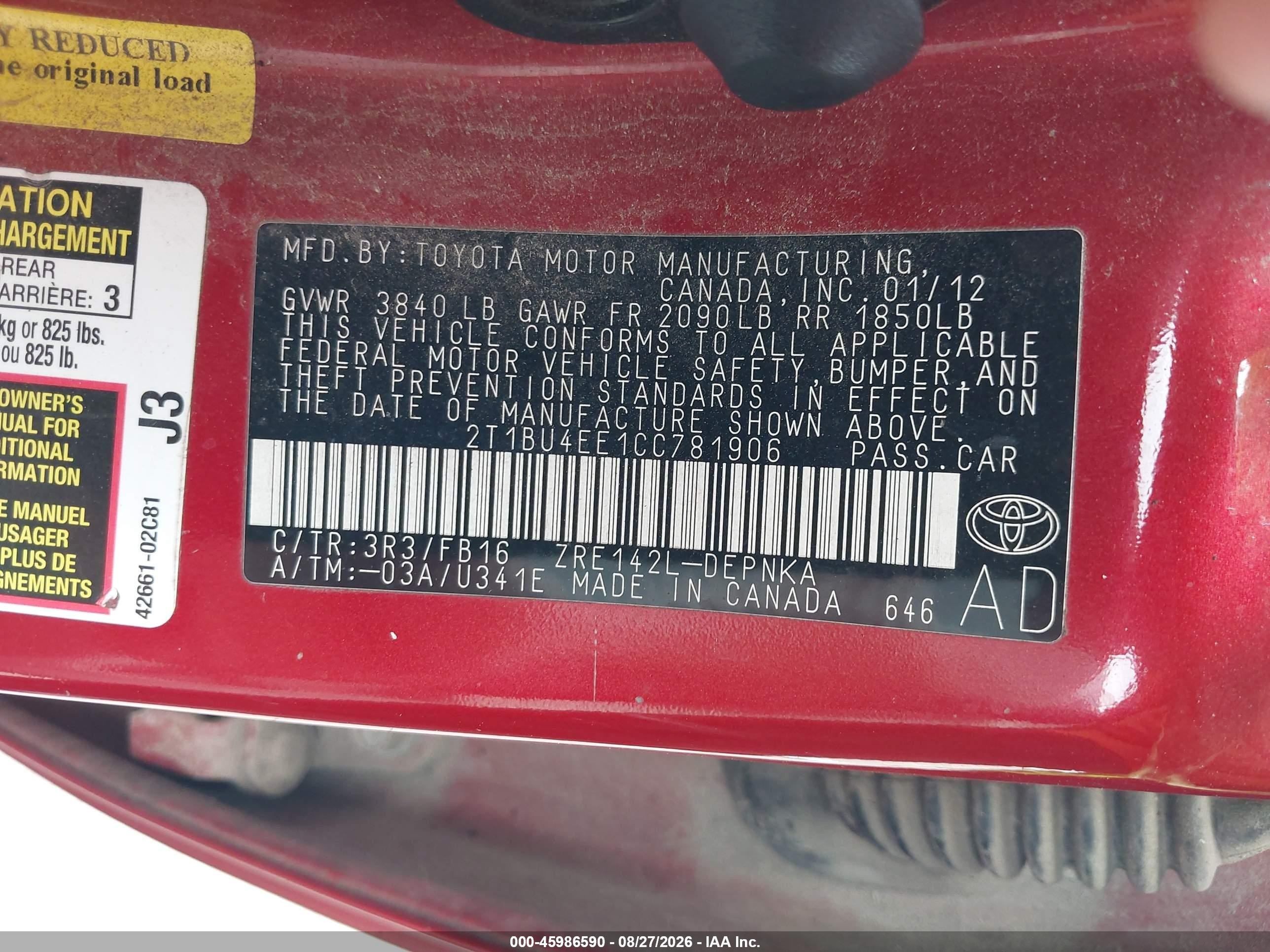 2012 Toyota Corolla Le Red vin: 2T1BU4EE1CC781906