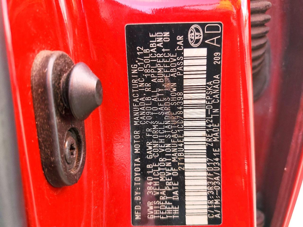 2012 Toyota Corolla S Red vin: 2T1BU4EE1CC784398