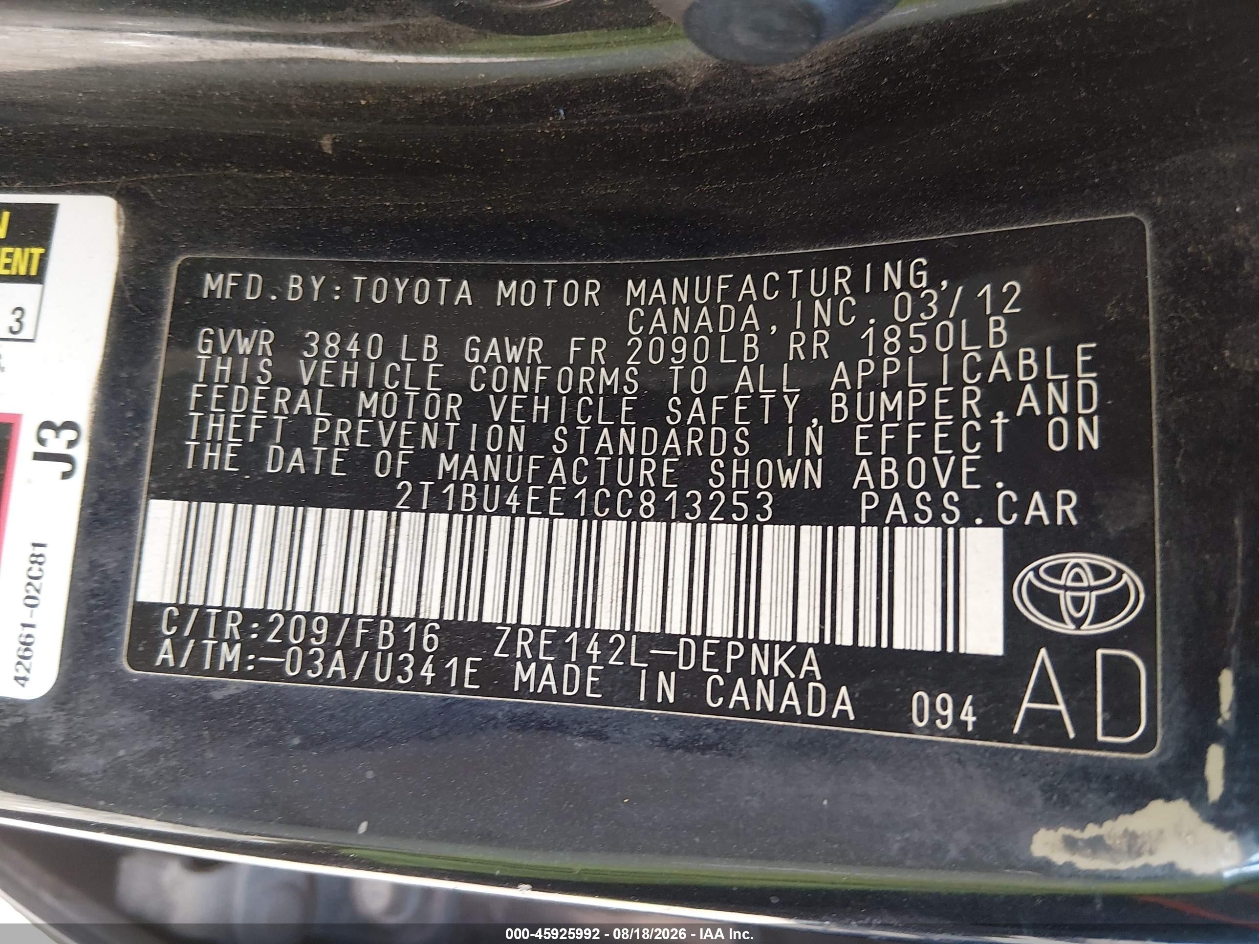 2012 Toyota Corolla Le Black vin: 2T1BU4EE1CC813253