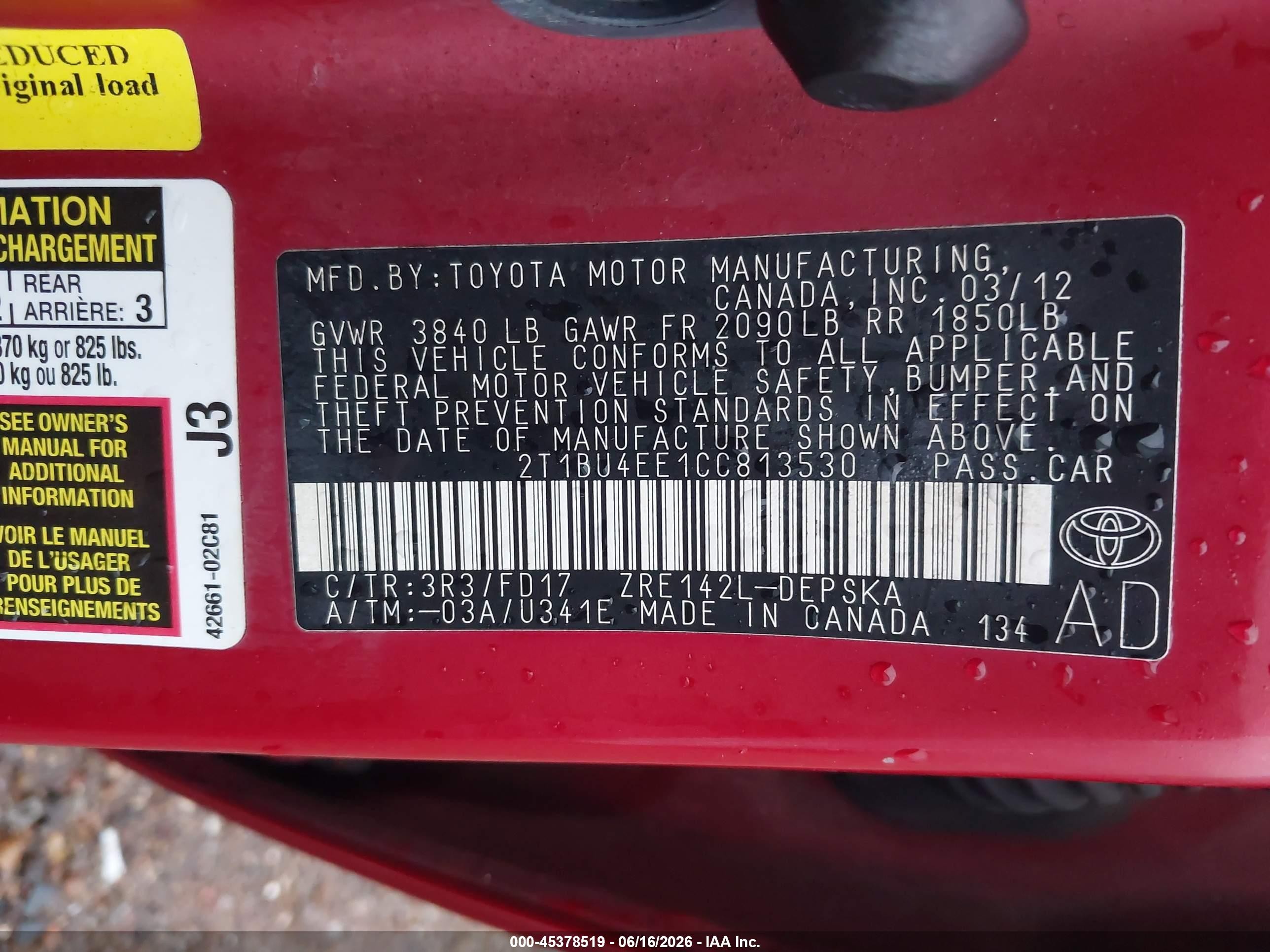 2012 Toyota Corolla S Red vin: 2T1BU4EE1CC813530