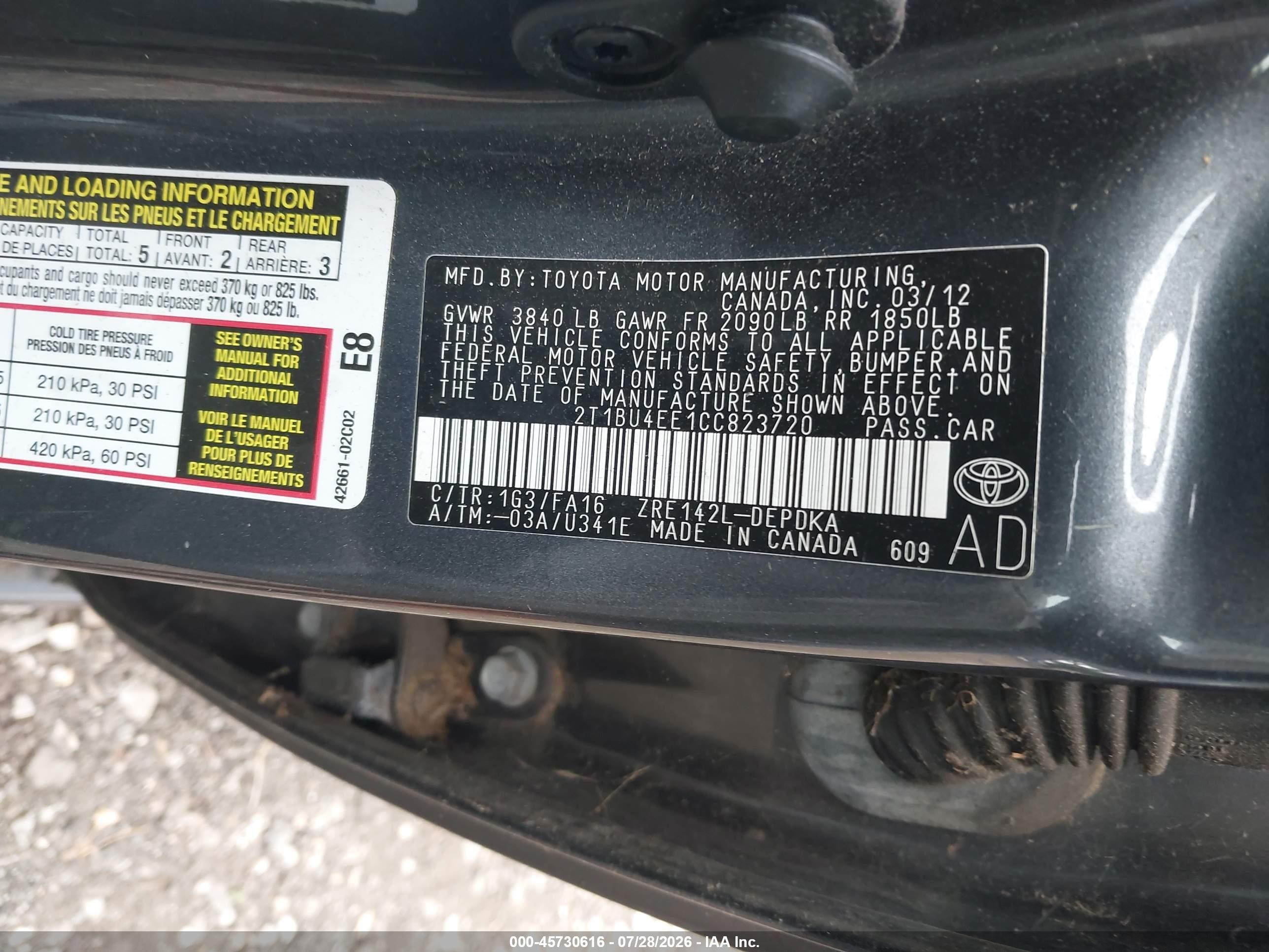2012 Toyota Corolla L Gray vin: 2T1BU4EE1CC823720