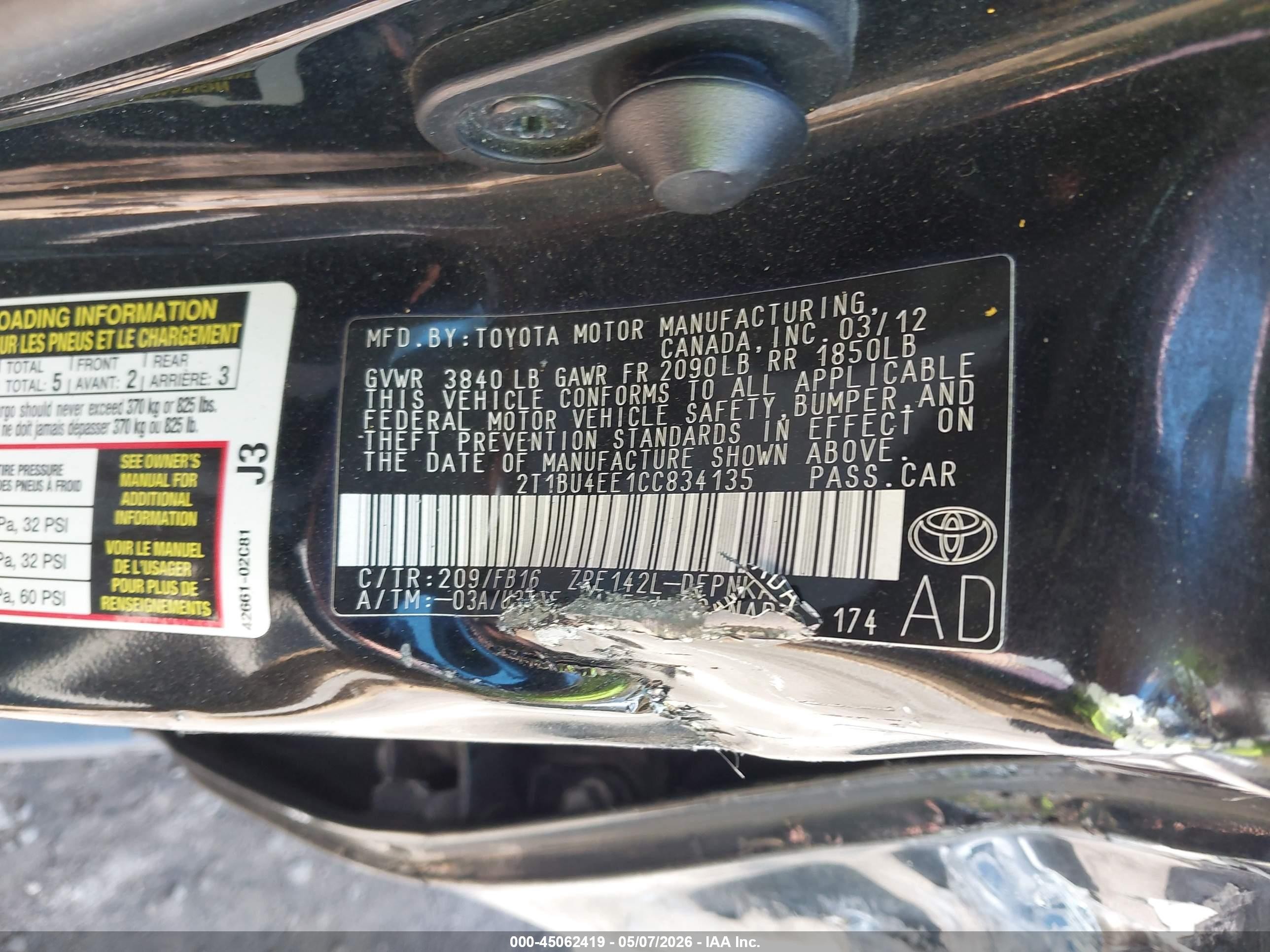 2012 Toyota Corolla Le Black vin: 2T1BU4EE1CC834135