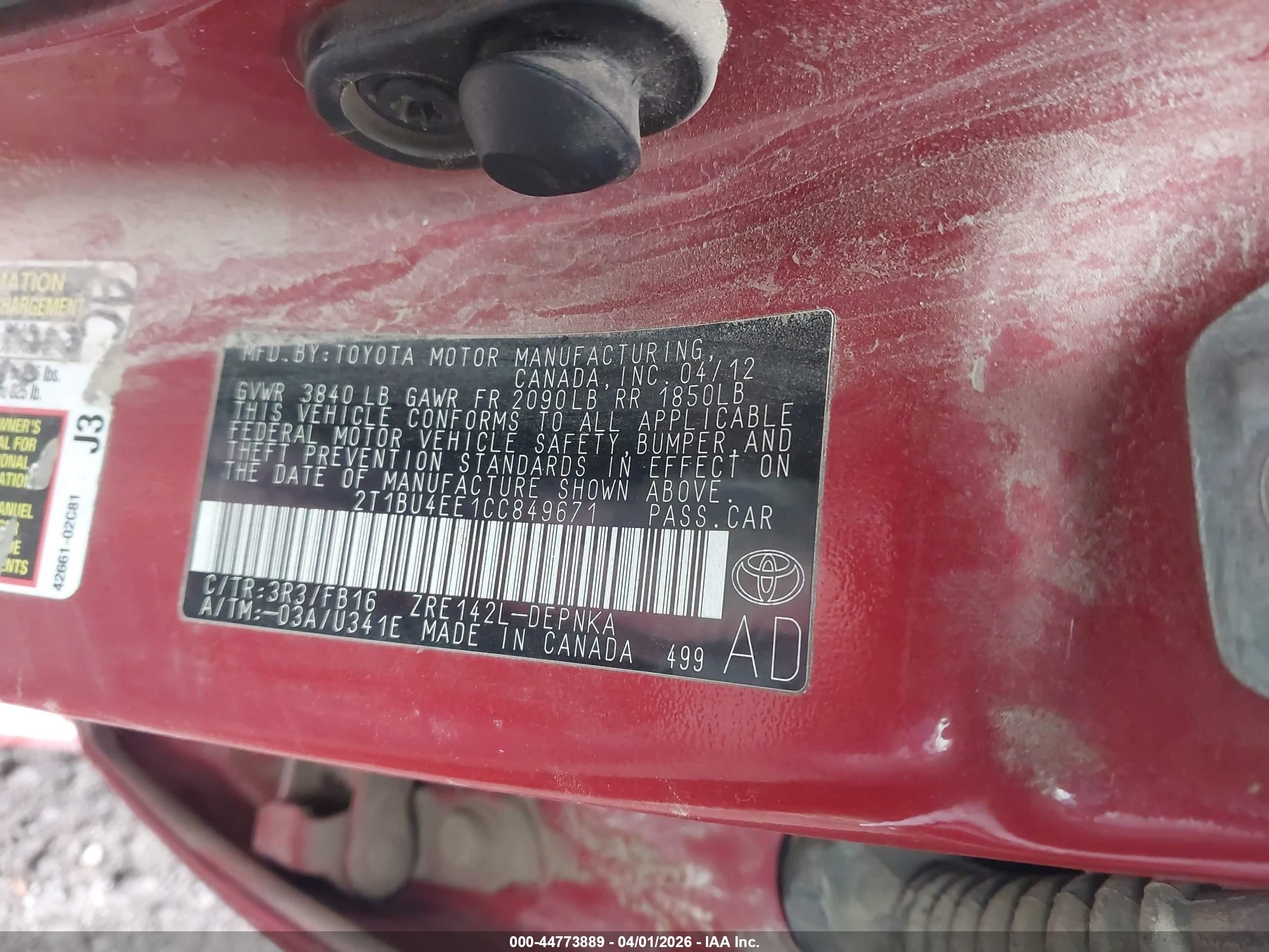 2012 Toyota Corolla Le Red vin: 2T1BU4EE1CC849671