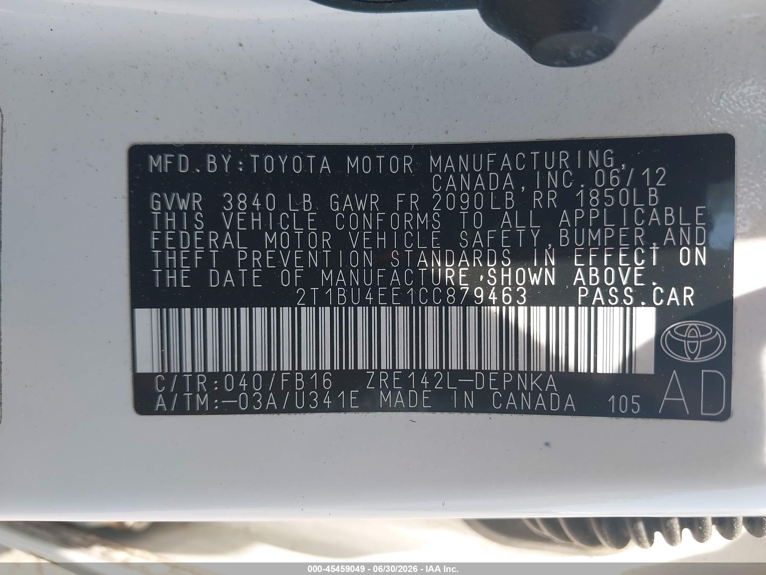 2012 Toyota Corolla Le White vin: 2T1BU4EE1CC879463
