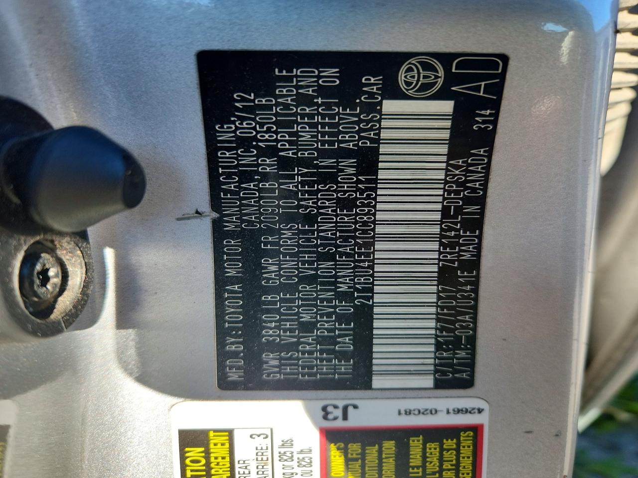2012 Toyota Corolla S Серебряный vin: 2T1BU4EE1CC893511