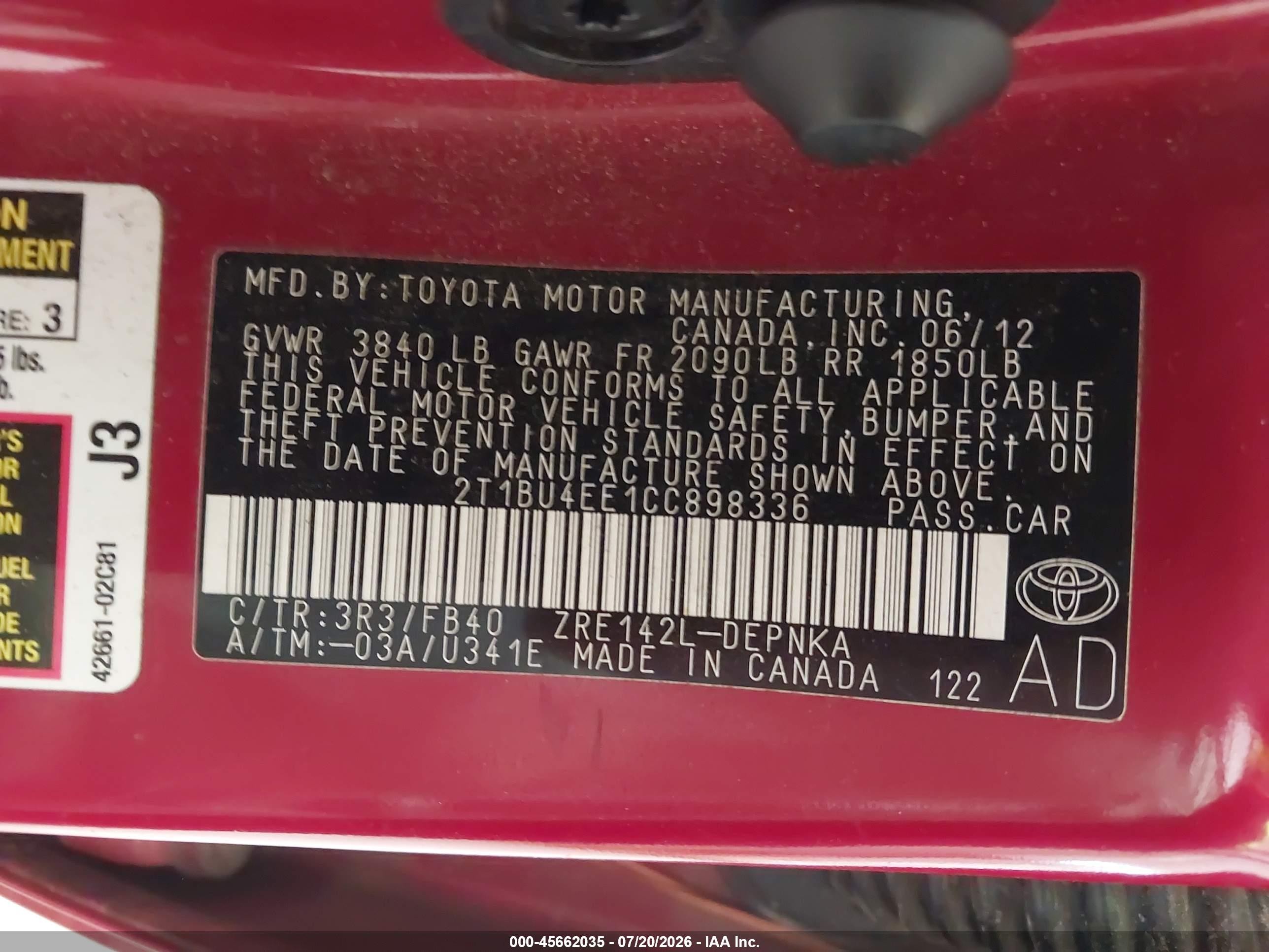 2012 Toyota Corolla Le Red vin: 2T1BU4EE1CC898336