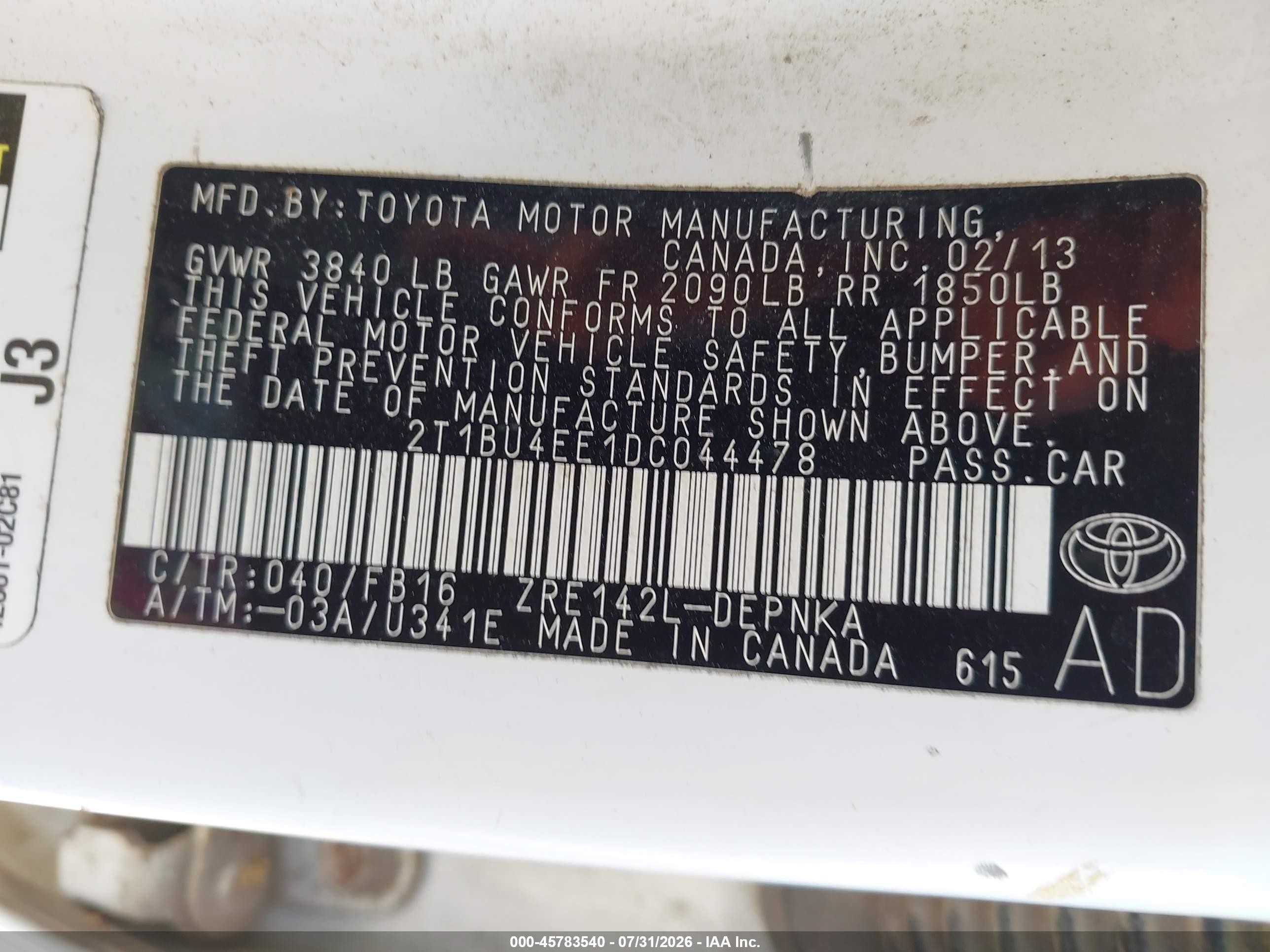2013 Toyota Corolla Le White vin: 2T1BU4EE1DC044478