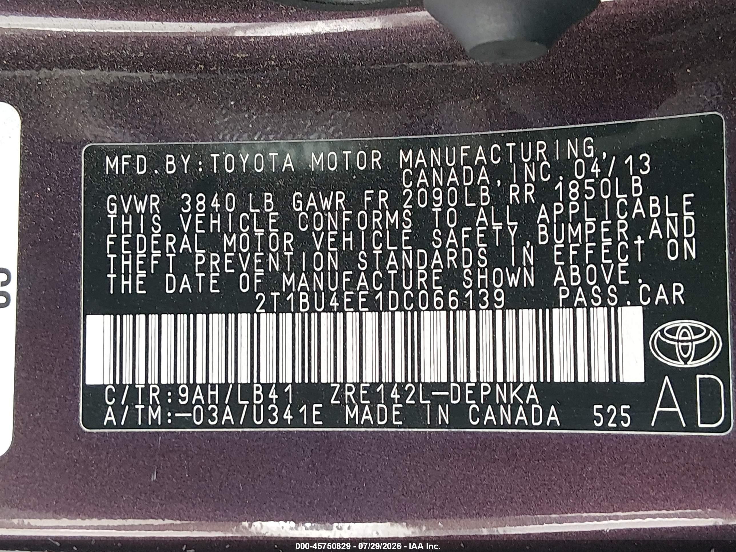 2013 Toyota Corolla Le Special Edition Purple vin: 2T1BU4EE1DC066139