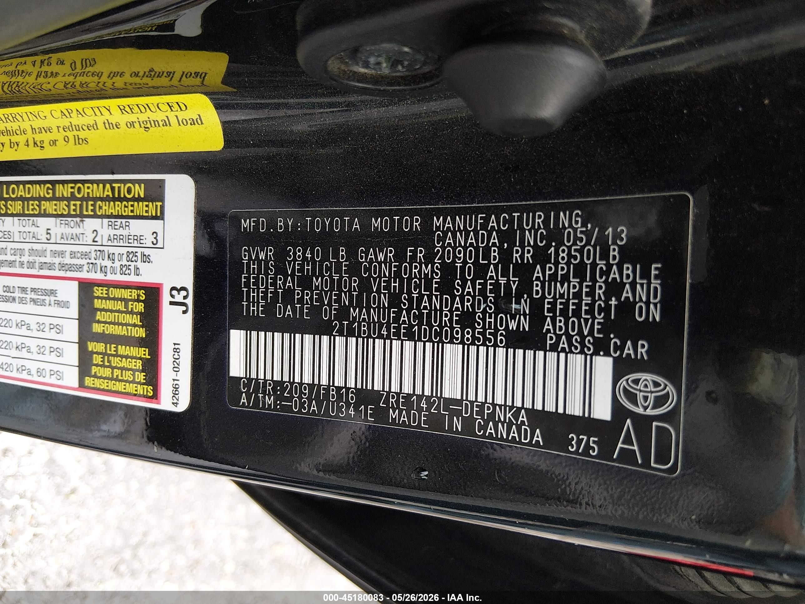 2013 Toyota Corolla Le Black vin: 2T1BU4EE1DC098556