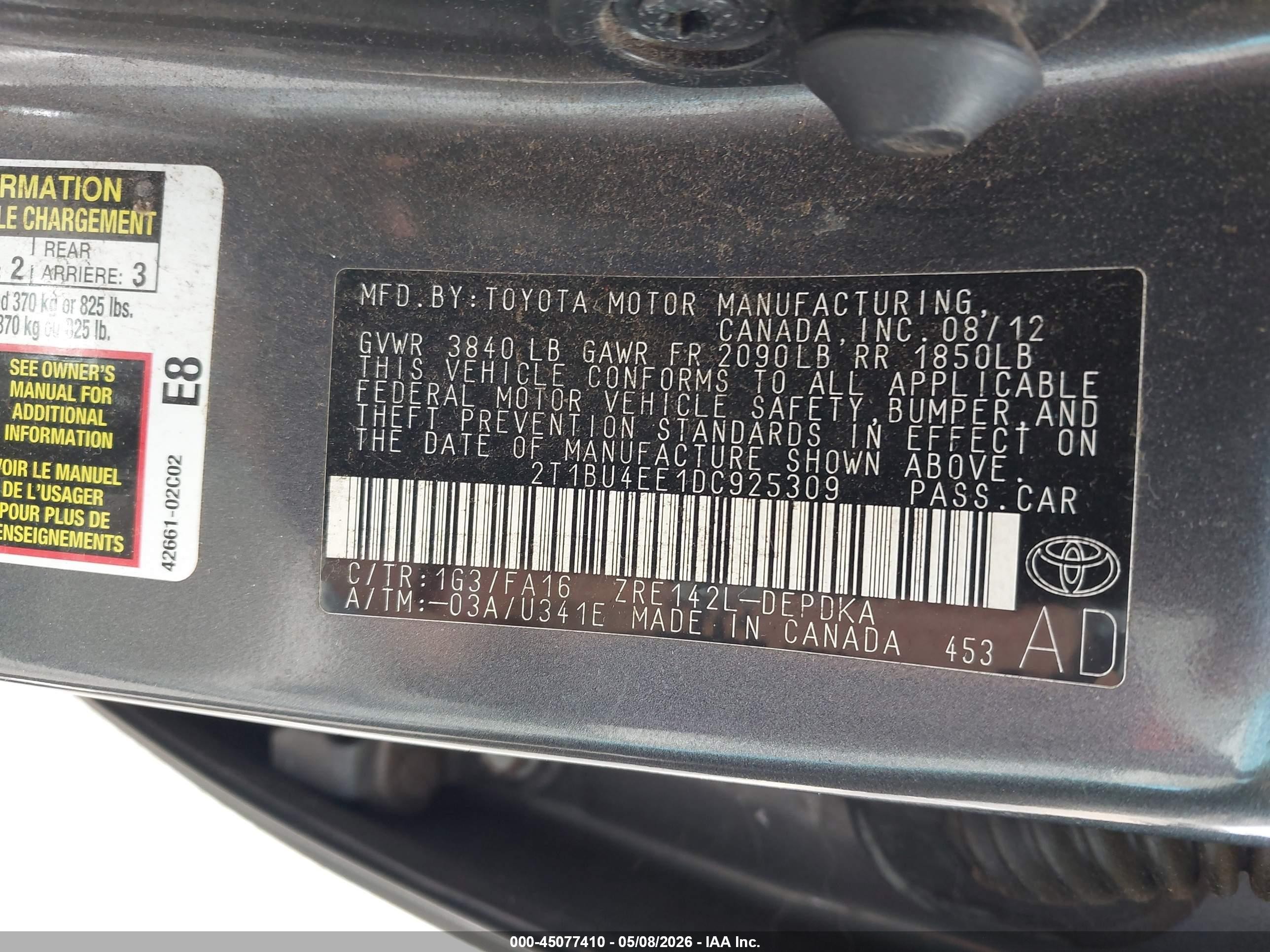 2013 Toyota Corolla L Gray vin: 2T1BU4EE1DC925309