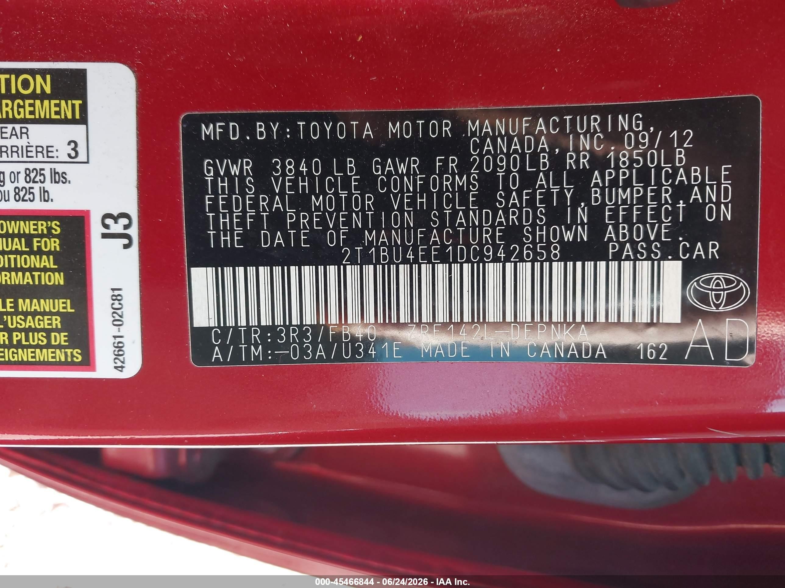 2013 Toyota Corolla Le Red vin: 2T1BU4EE1DC942658