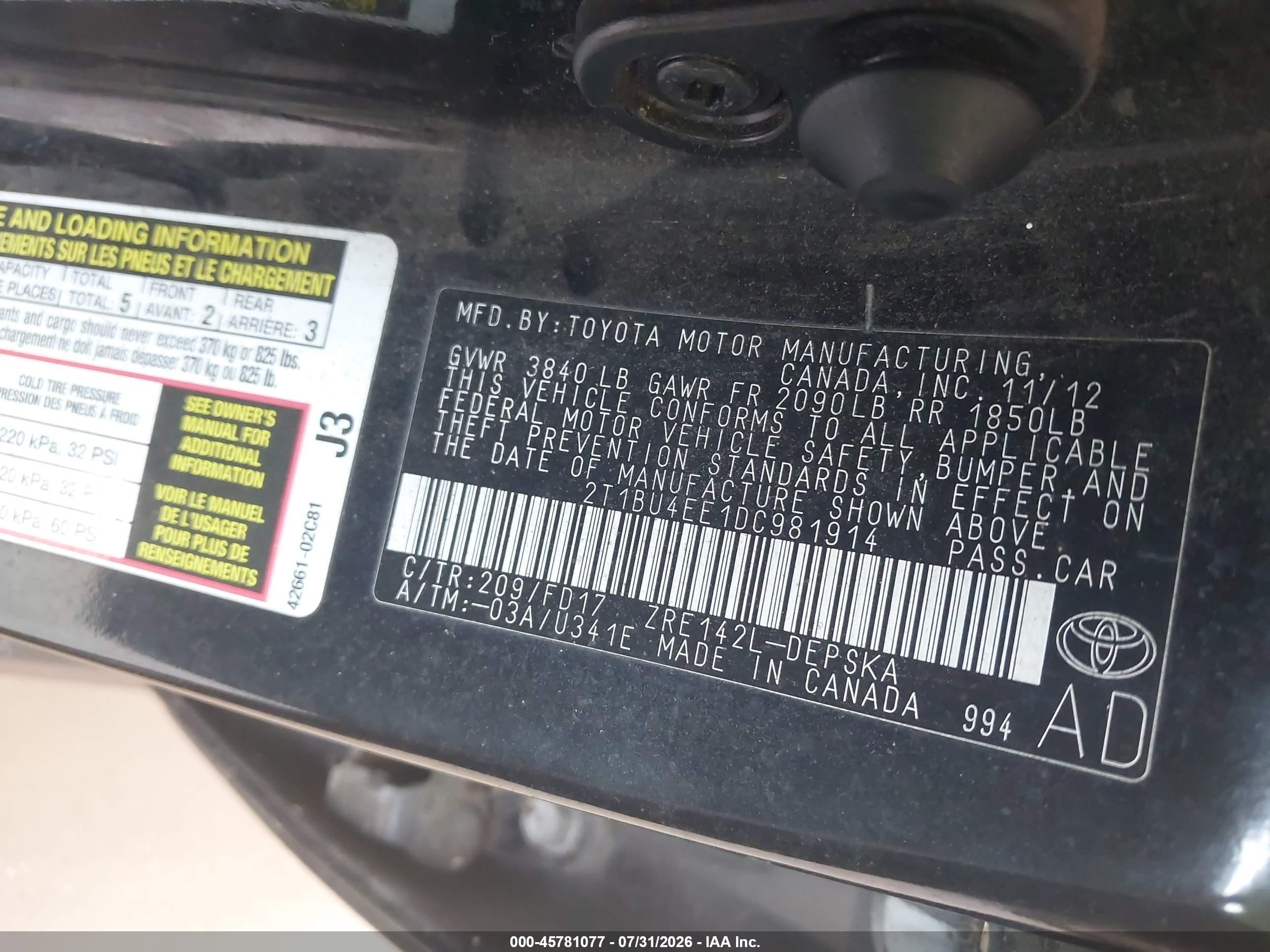 2013 Toyota Corolla S Black vin: 2T1BU4EE1DC981914