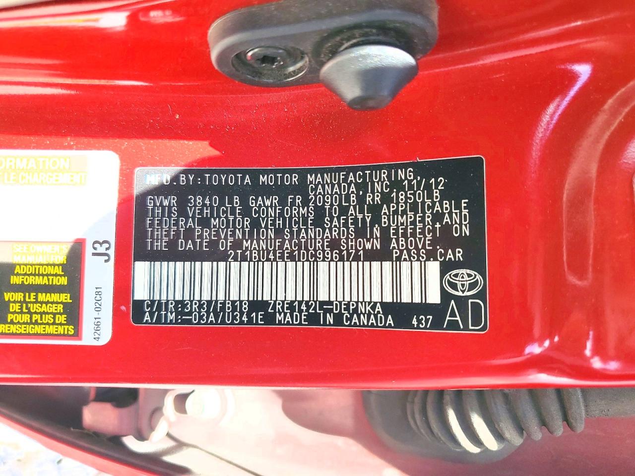2013 Toyota Corolla Le Красный vin: 2T1BU4EE1DC996171