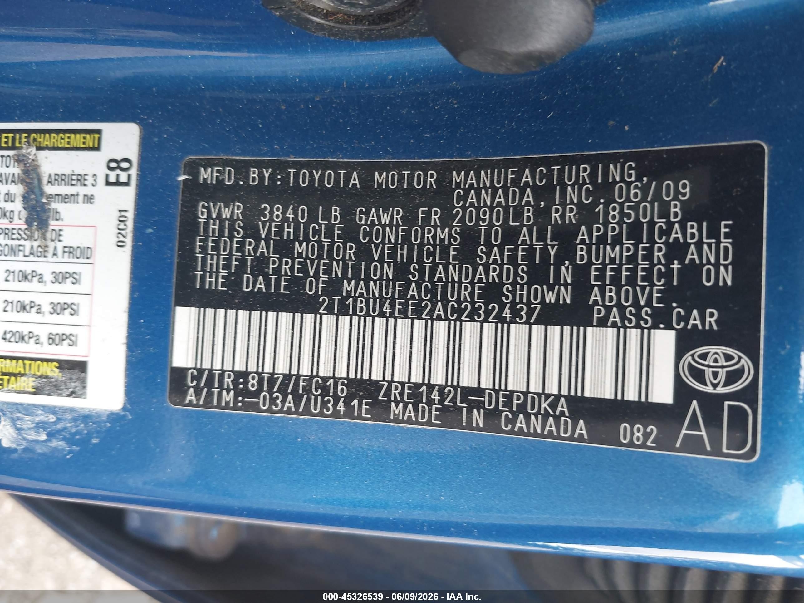2010 Toyota Corolla Le Blue vin: 2T1BU4EE2AC232437