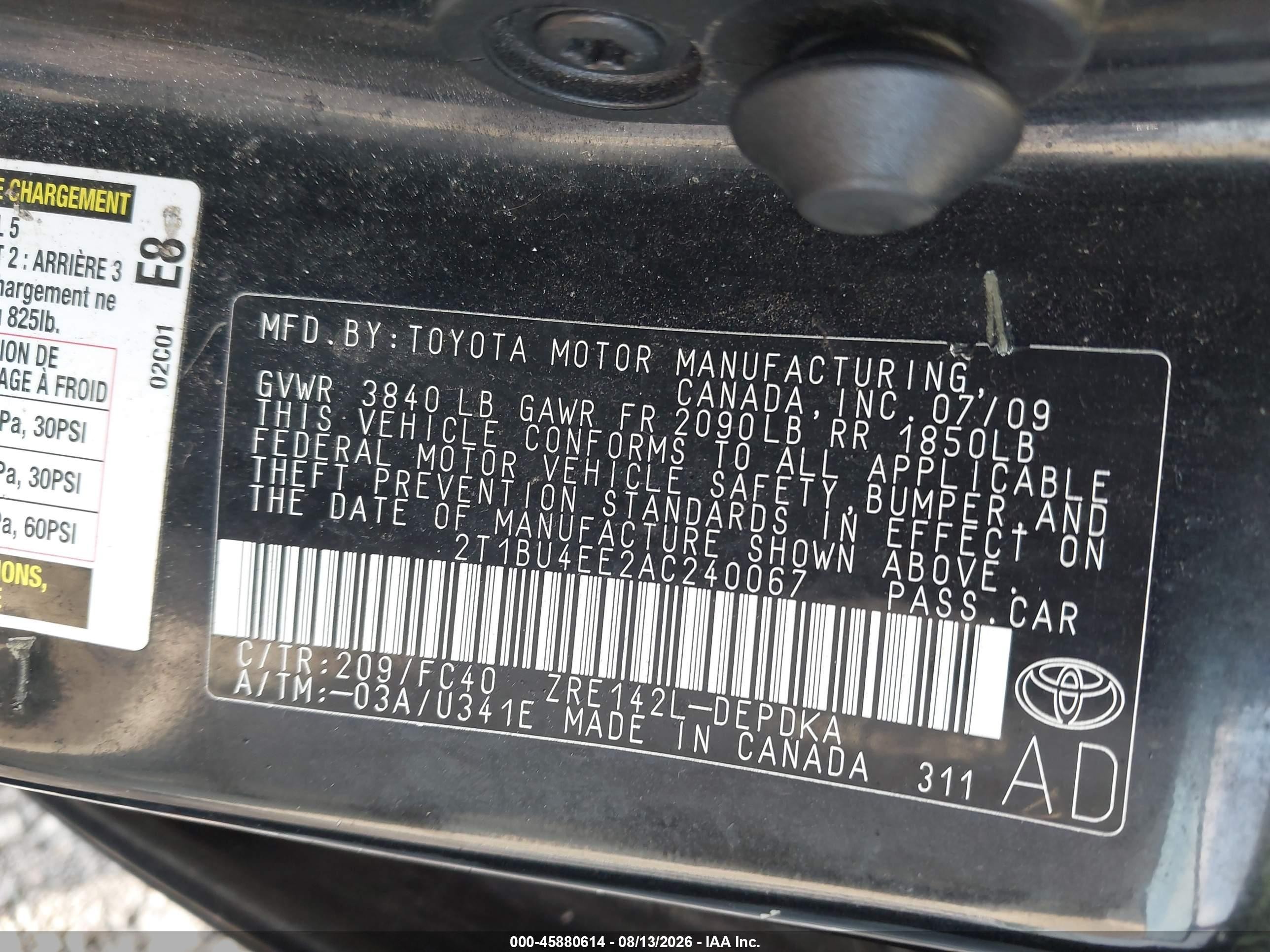 2010 Toyota Corolla Le Black vin: 2T1BU4EE2AC240067