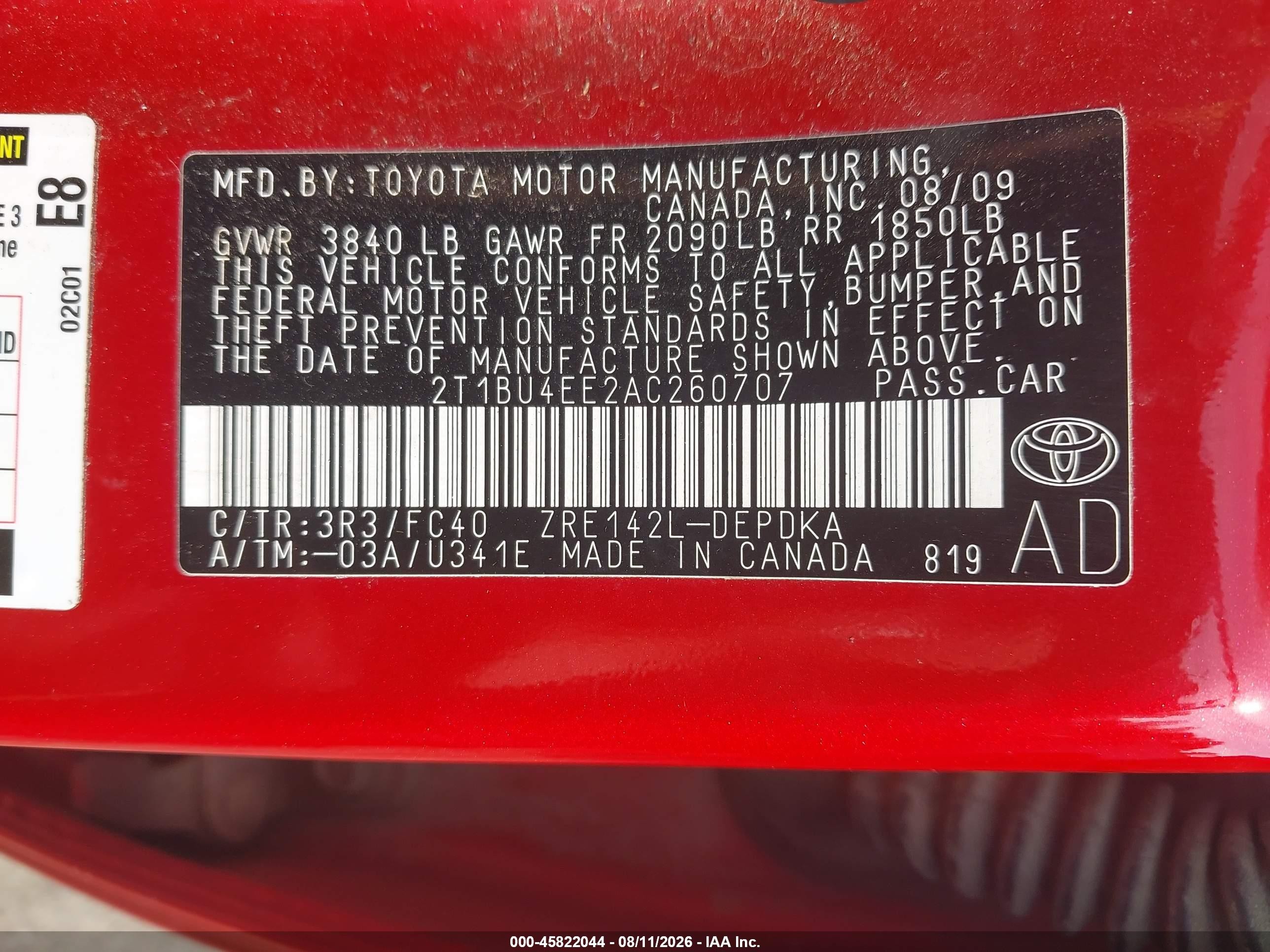 2010 Toyota Corolla Le Red vin: 2T1BU4EE2AC260707