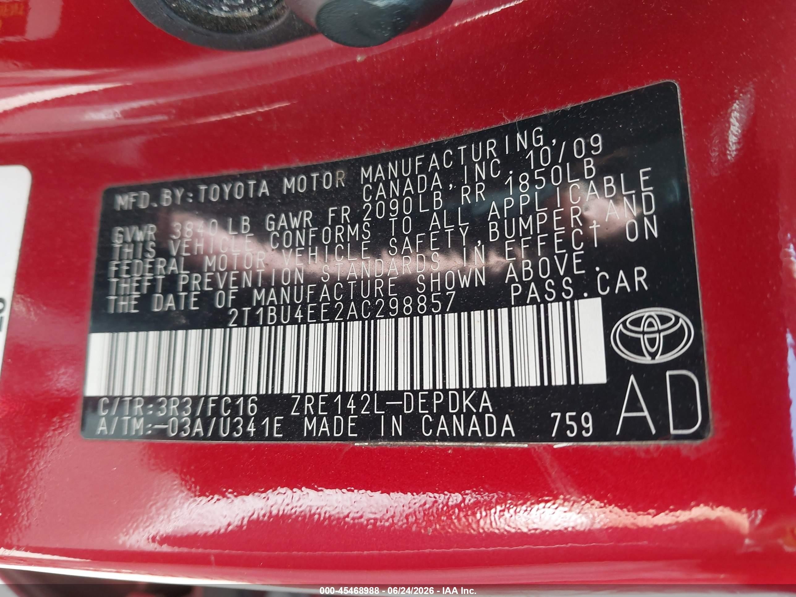 2010 Toyota Corolla Le Red vin: 2T1BU4EE2AC298857