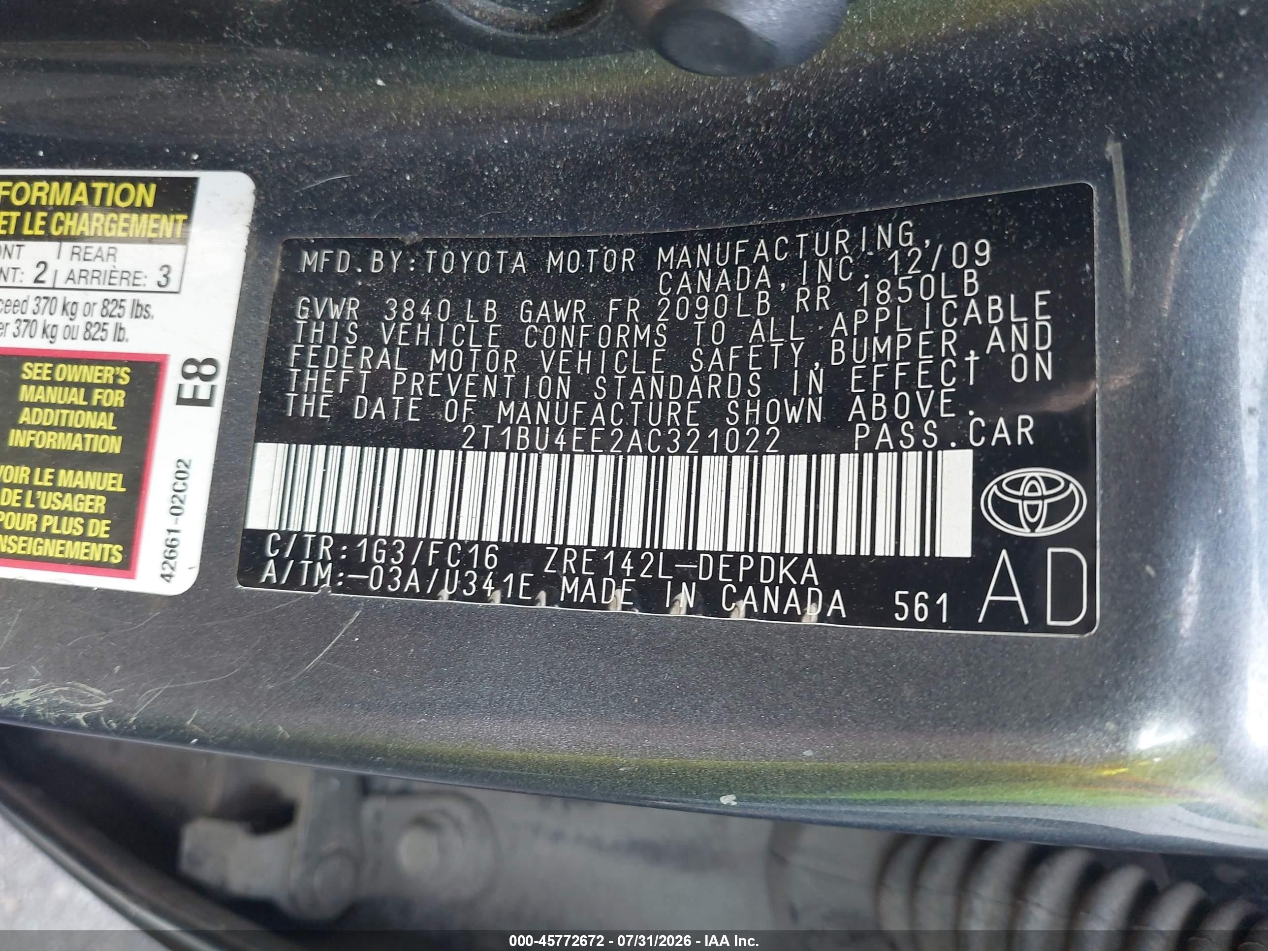 2010 Toyota Corolla Le Black vin: 2T1BU4EE2AC321022
