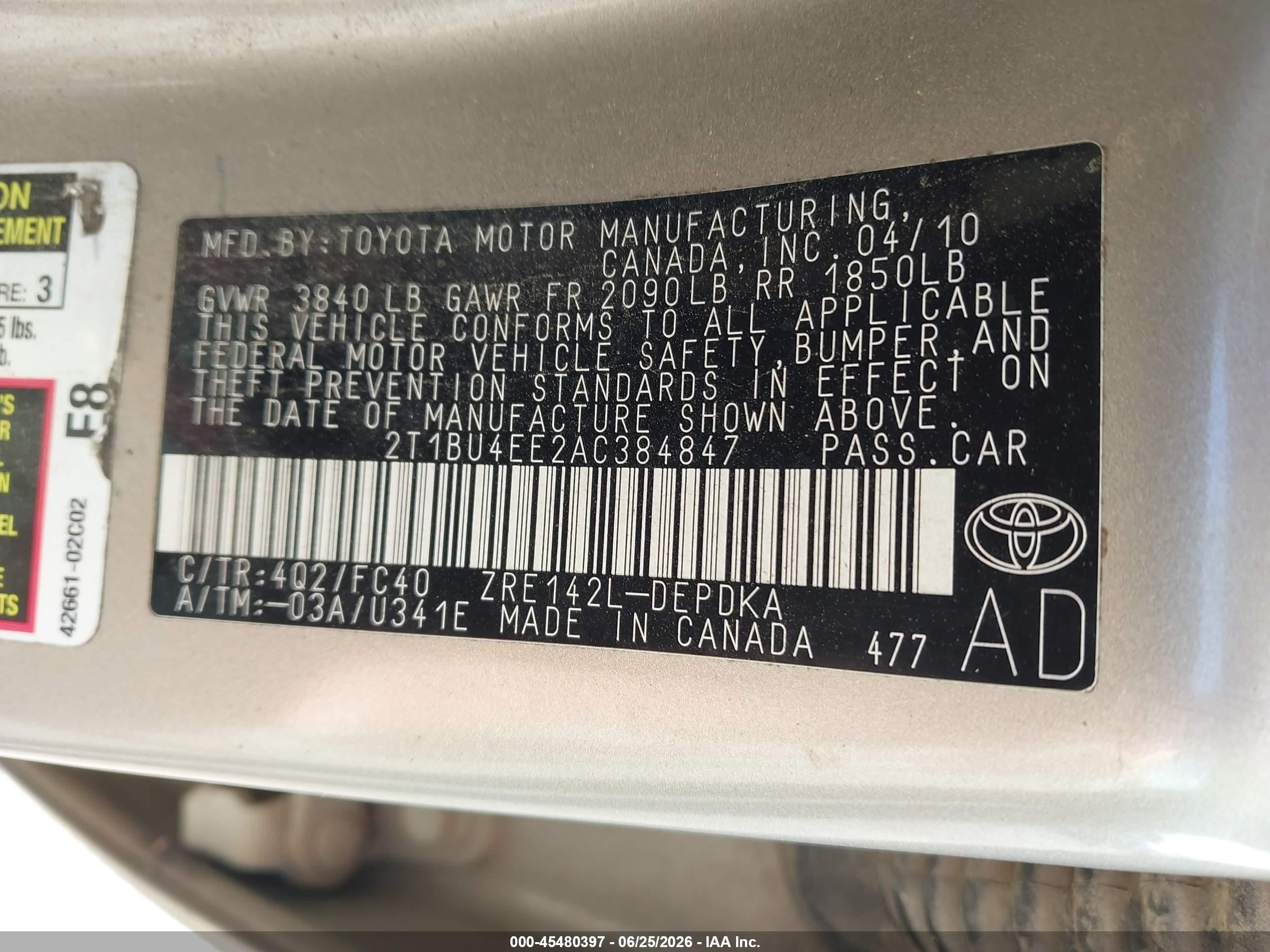 2010 Toyota Corolla Le Champagne vin: 2T1BU4EE2AC384847