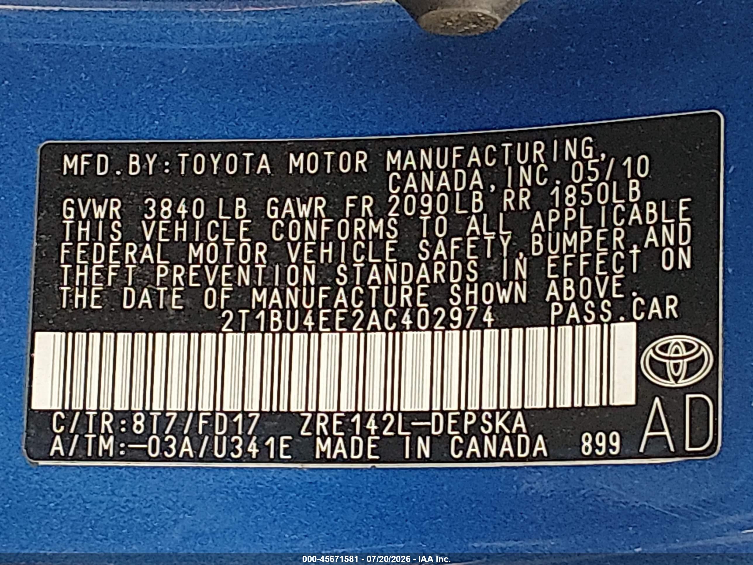 2010 Toyota Corolla S Blue vin: 2T1BU4EE2AC402974