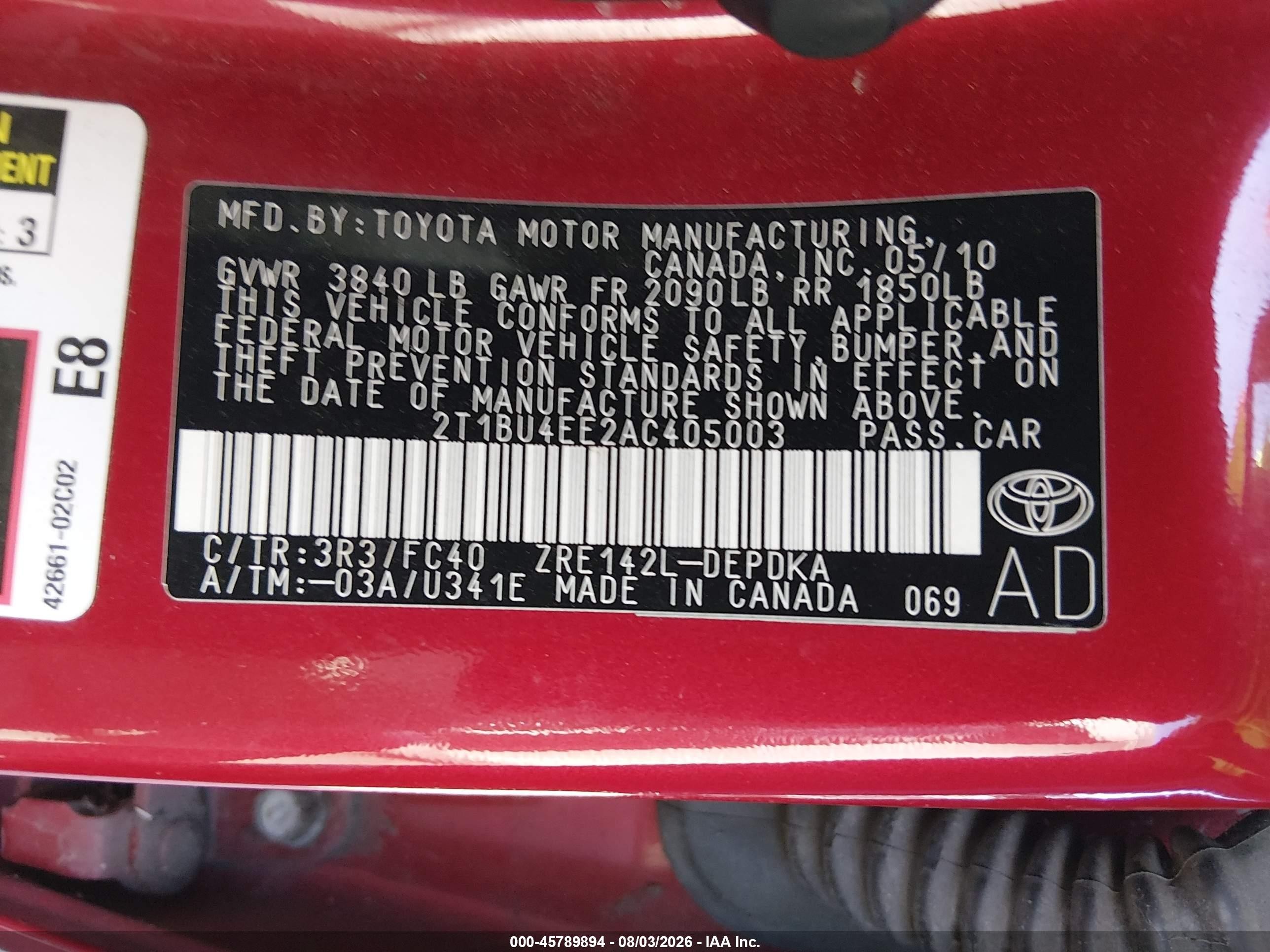 2010 Toyota Corolla Le Red vin: 2T1BU4EE2AC405003