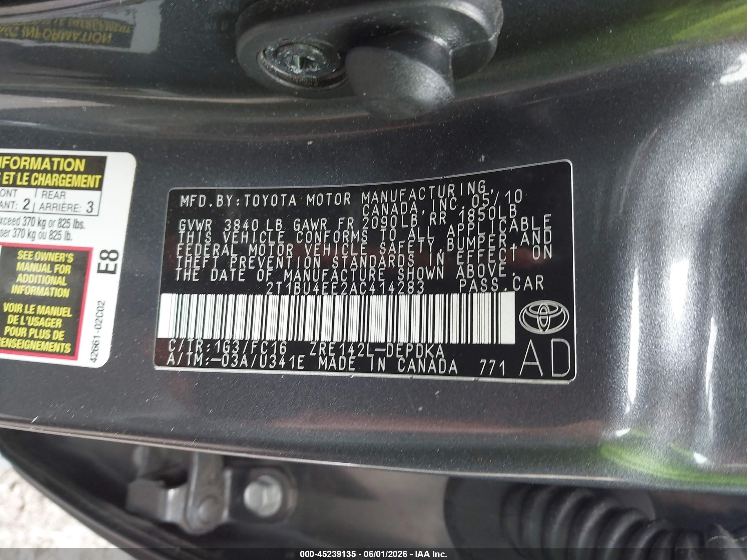 2010 Toyota Corolla Le Gray vin: 2T1BU4EE2AC414283