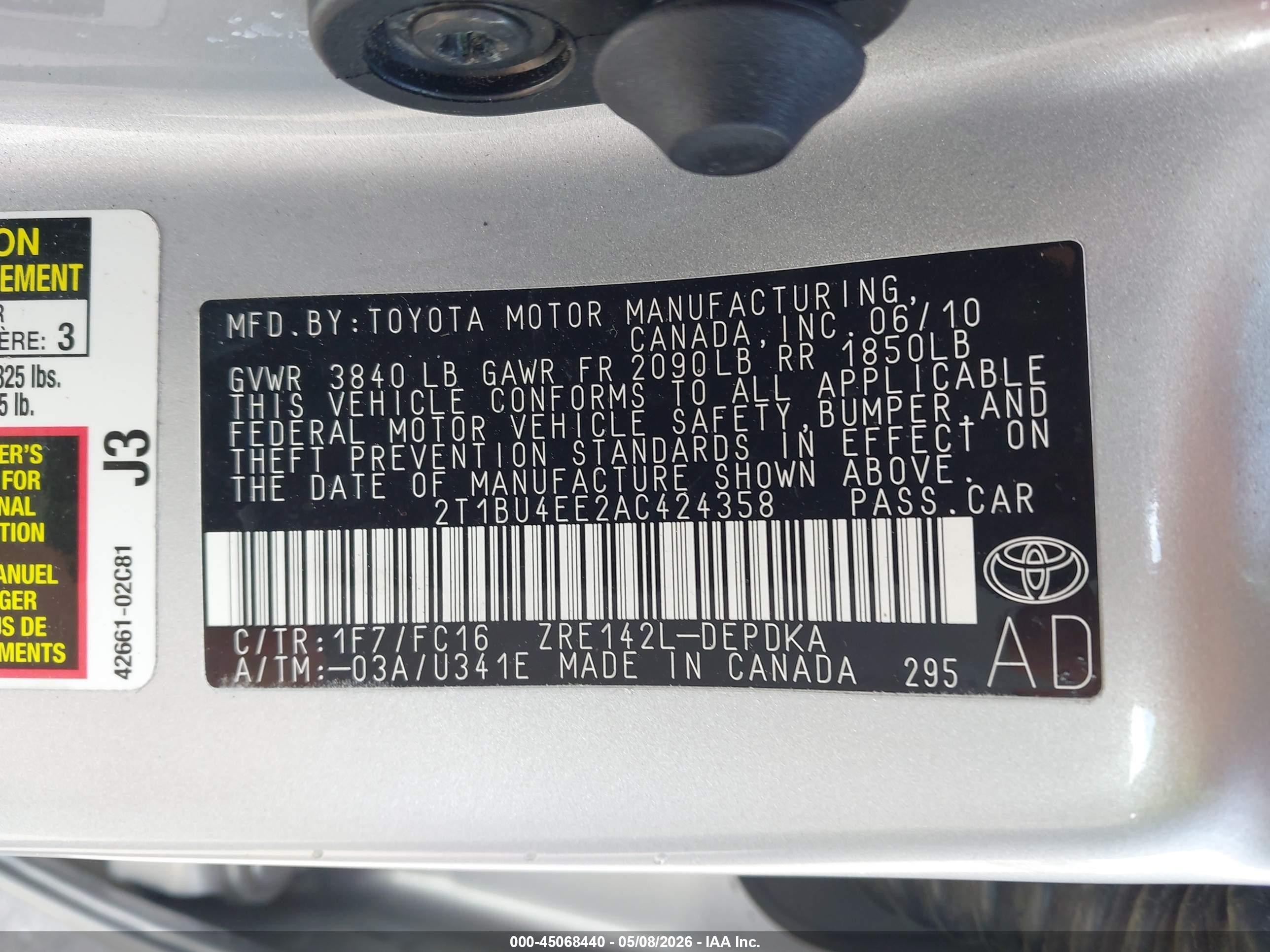 2010 Toyota Corolla Le Silver vin: 2T1BU4EE2AC424358
