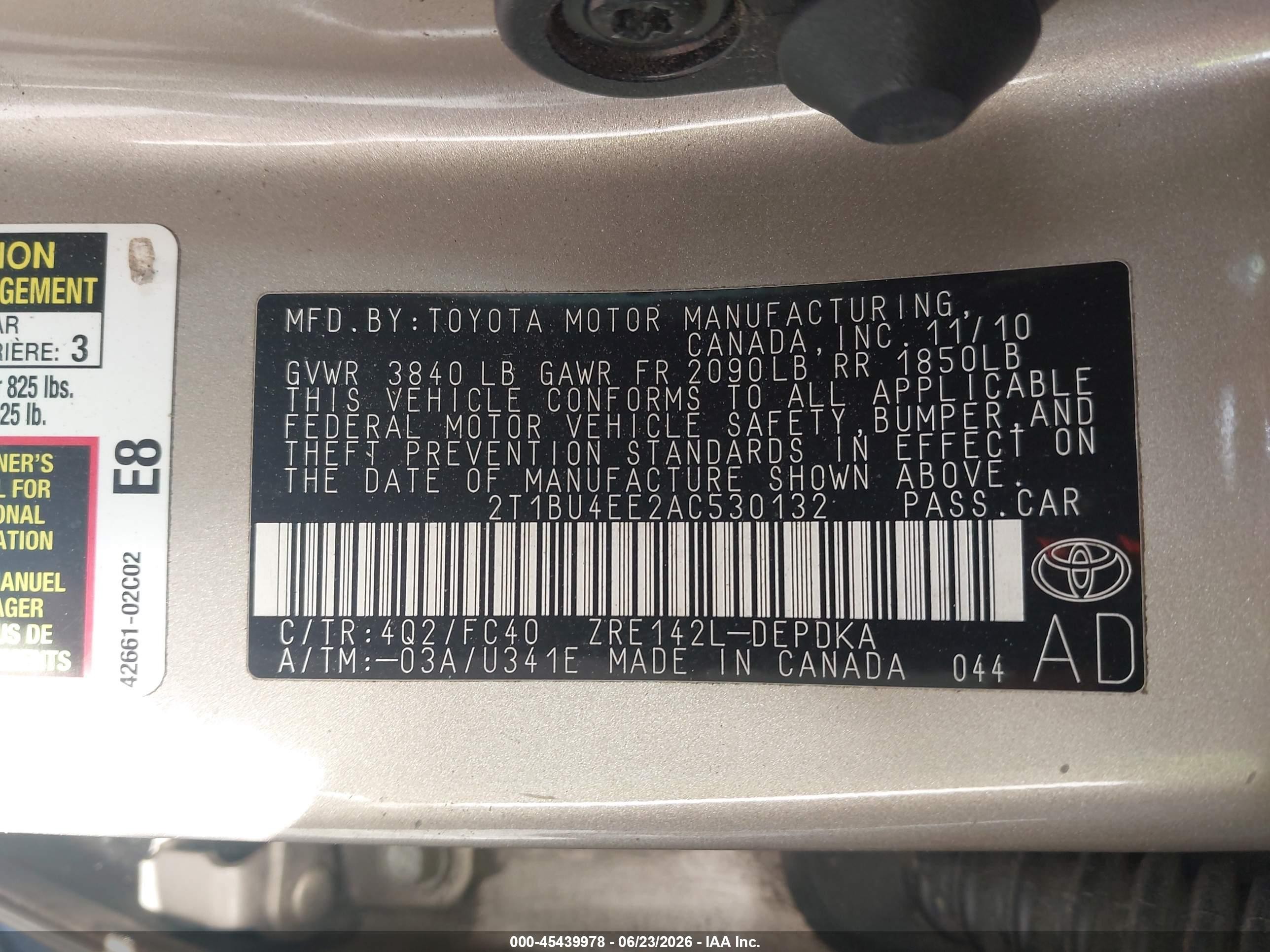 2010 Toyota Corolla Le Gold vin: 2T1BU4EE2AC530132