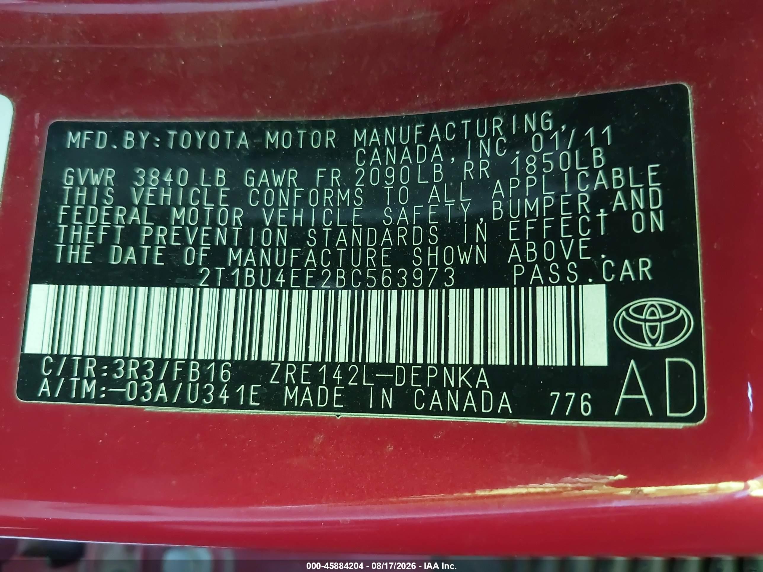 2011 Toyota Corolla Le Red vin: 2T1BU4EE2BC563973