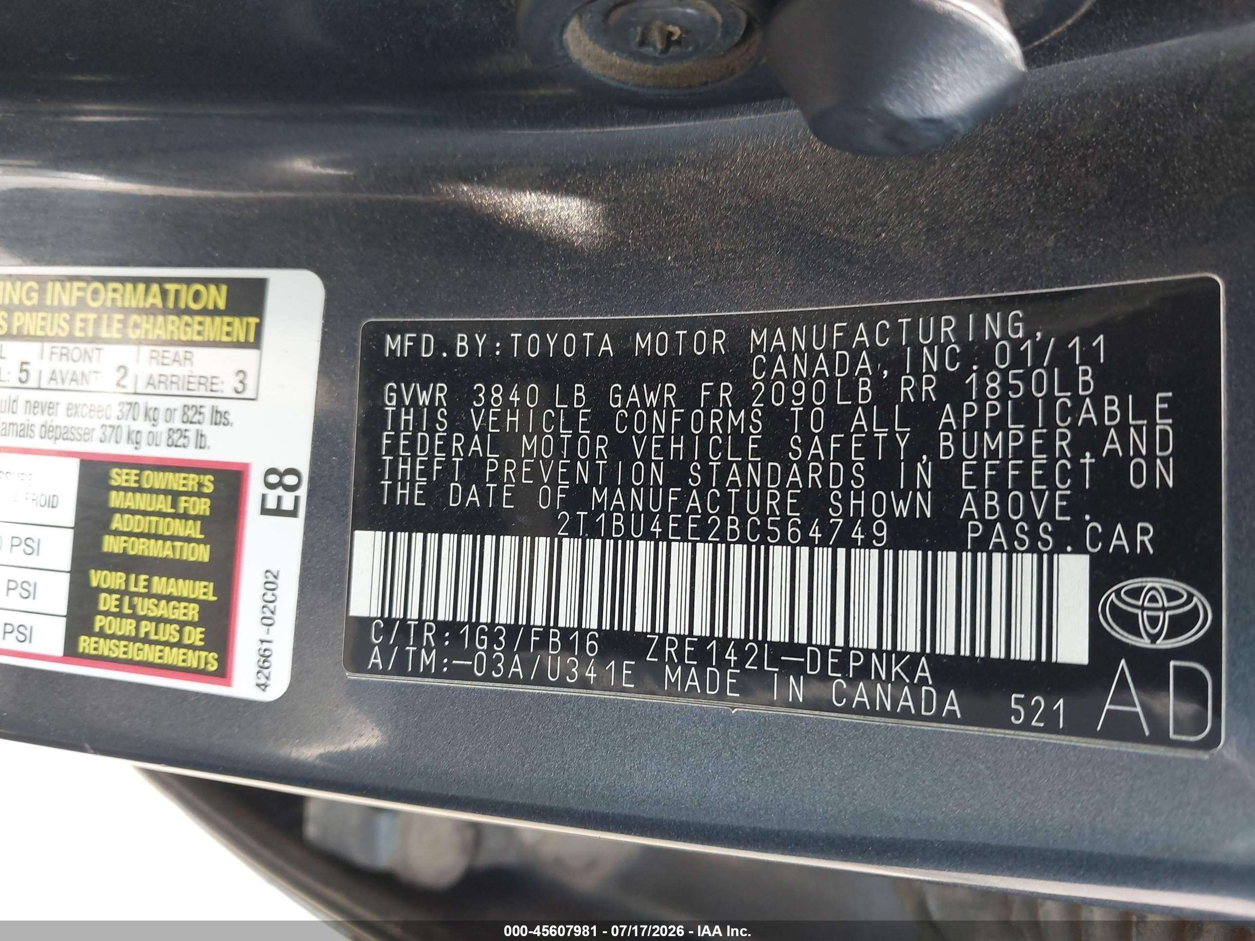 2011 Toyota Corolla Le Silver vin: 2T1BU4EE2BC564749