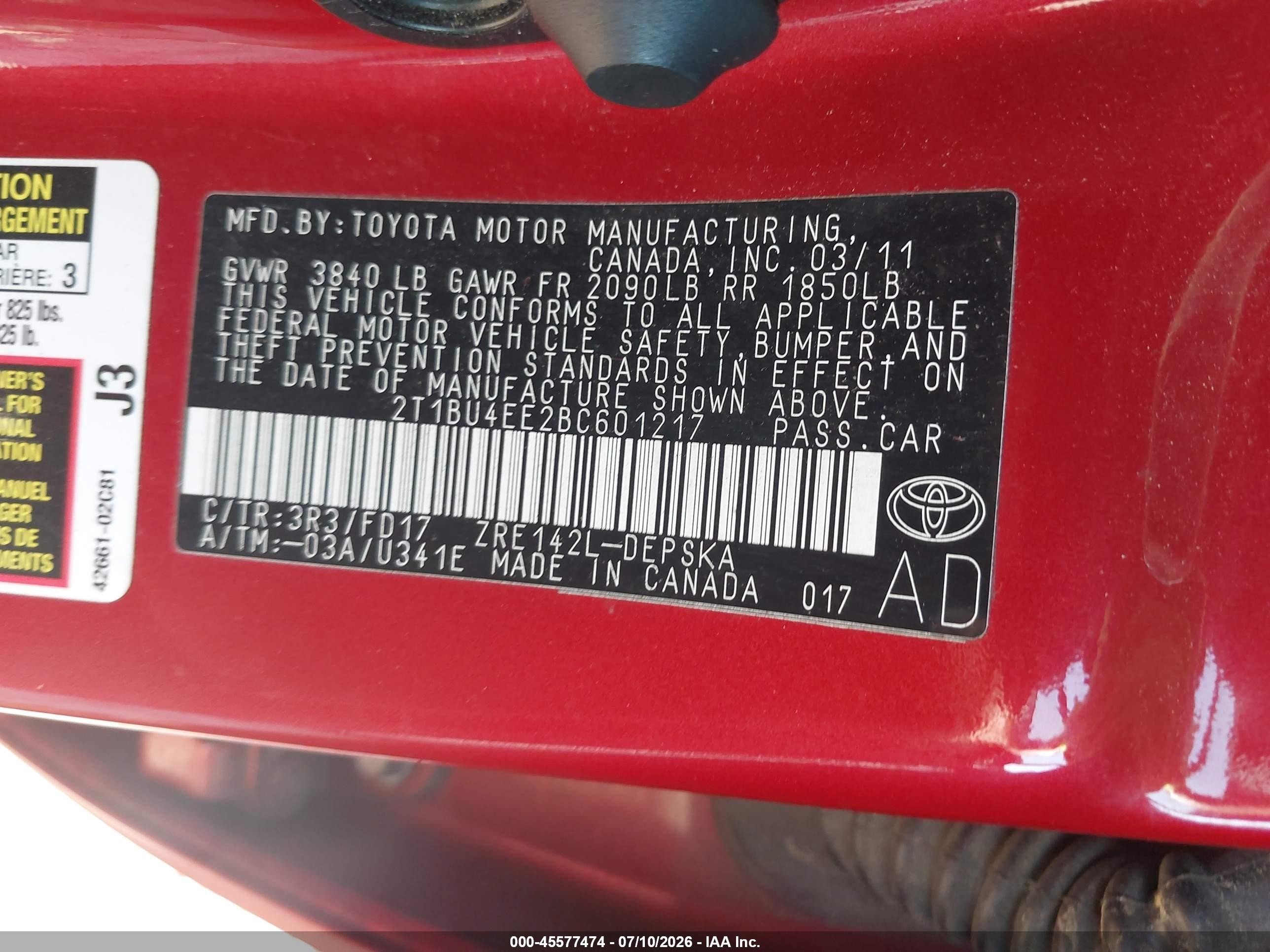 2011 Toyota Corolla S Red vin: 2T1BU4EE2BC601217